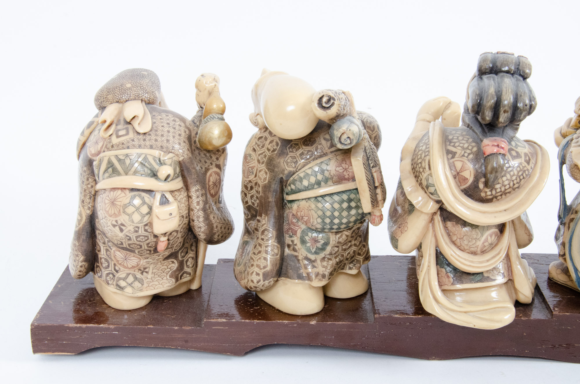 Japanese Style "Seven Lucky Gods" Figurines with Wooden Display Stand