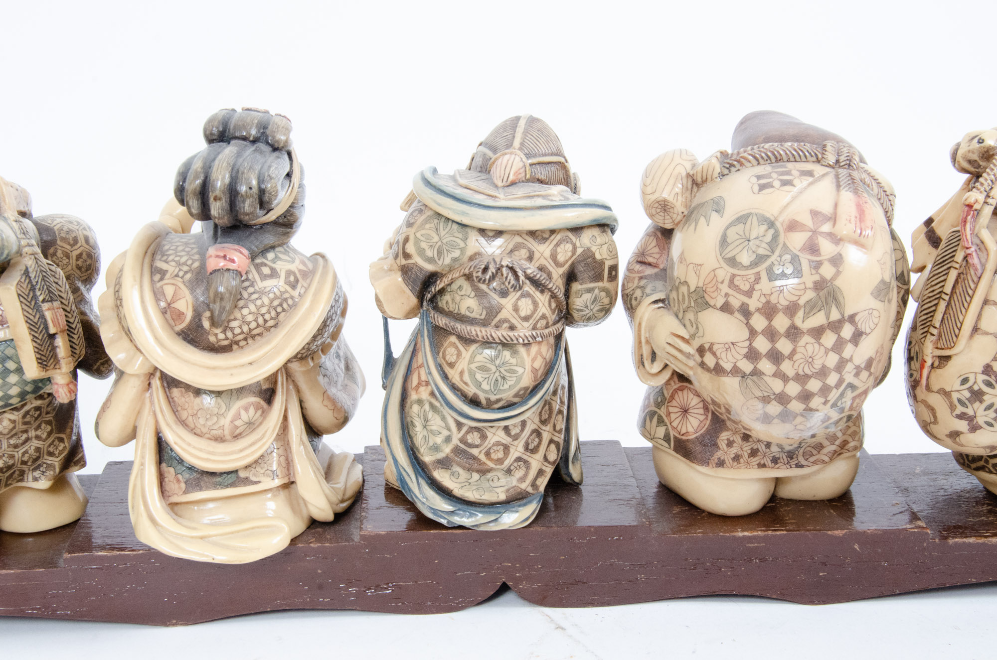 Japanese Style "Seven Lucky Gods" Figurines with Wooden Display Stand