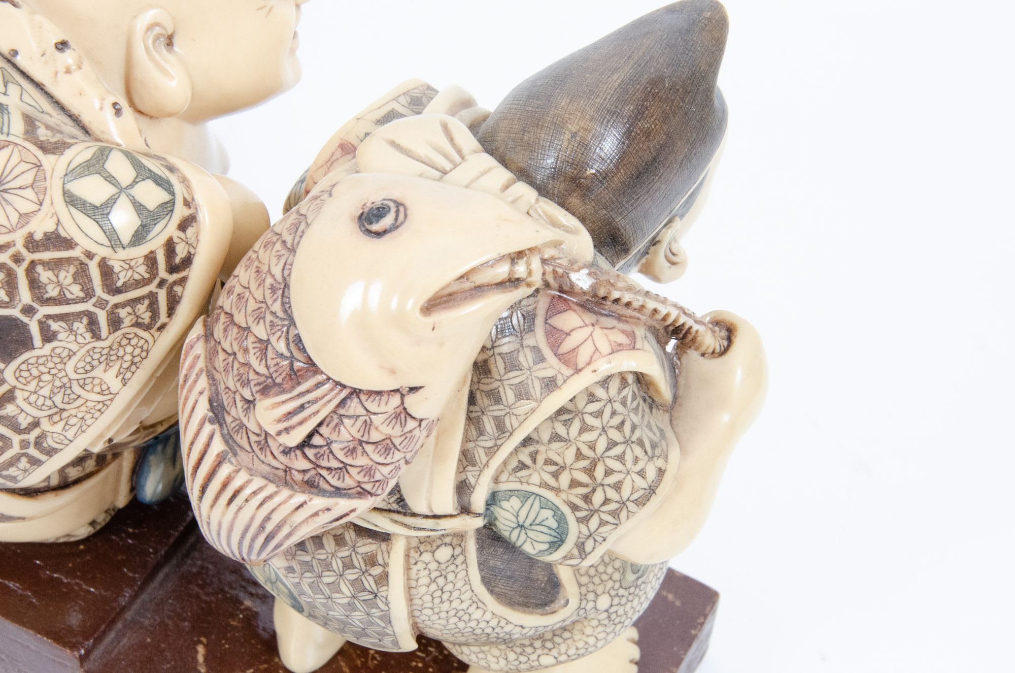 Japanese Style "Seven Lucky Gods" Figurines with Wooden Display Stand