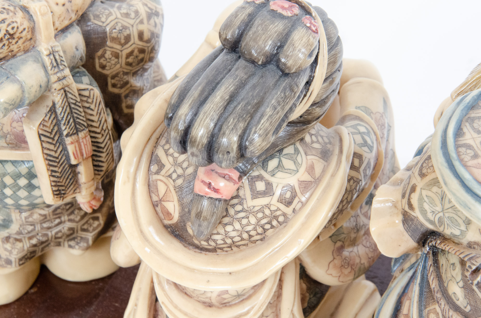 Japanese Style "Seven Lucky Gods" Figurines with Wooden Display Stand