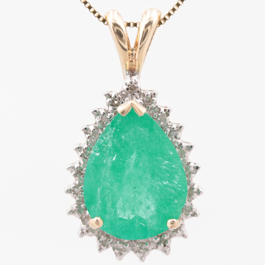 10K Yellow Gold Emerald and Diamond Pendant with 14K Yellow Gold Necklace