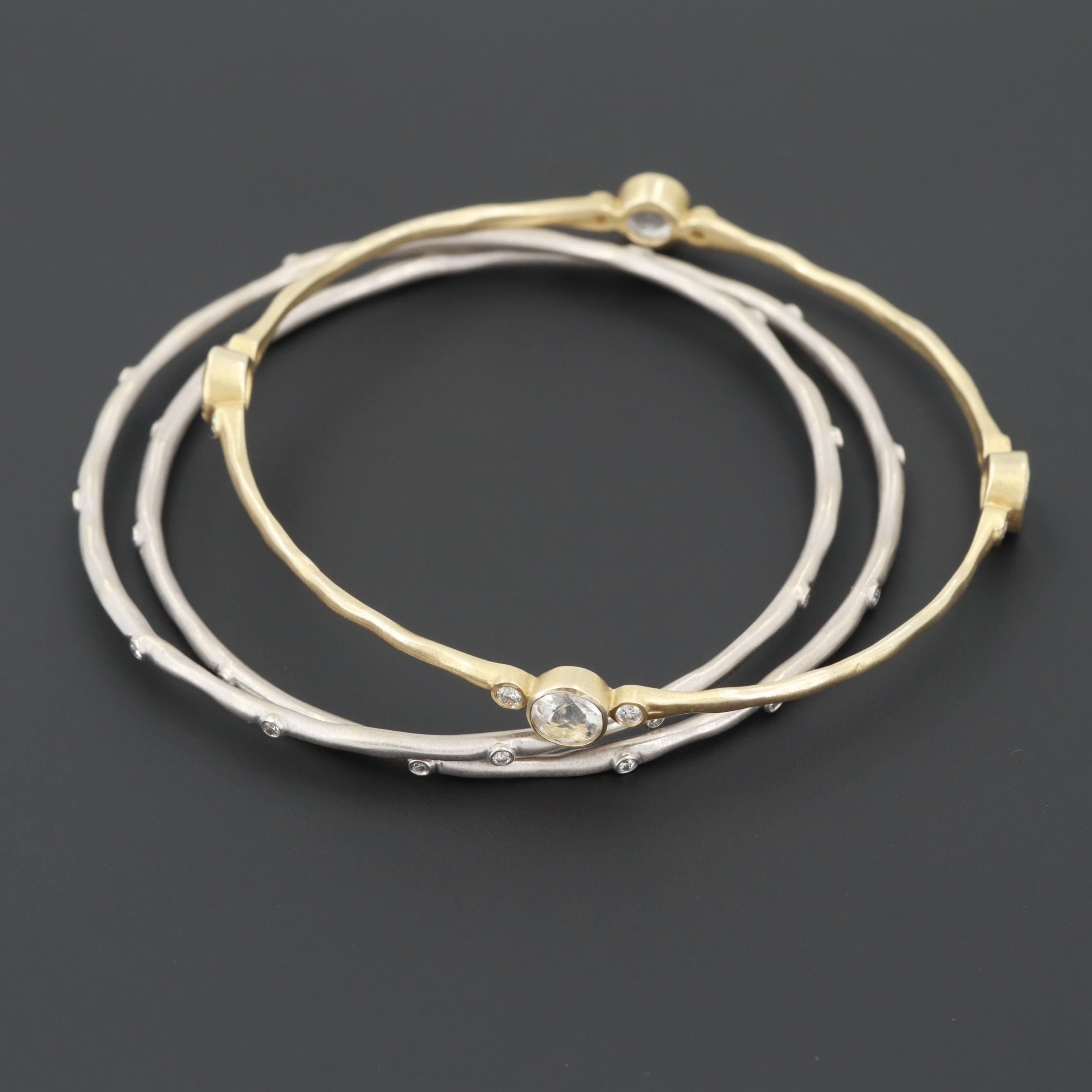 14K White and Yellow Gold Diamond and White Topaz Bangle Bracelets