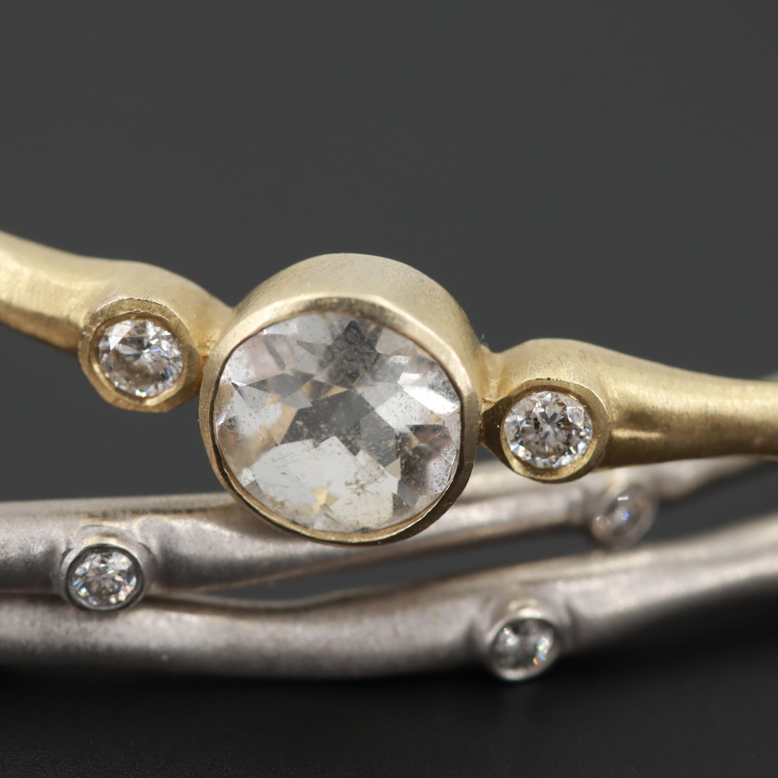 14K White and Yellow Gold Diamond and White Topaz Bangle Bracelets