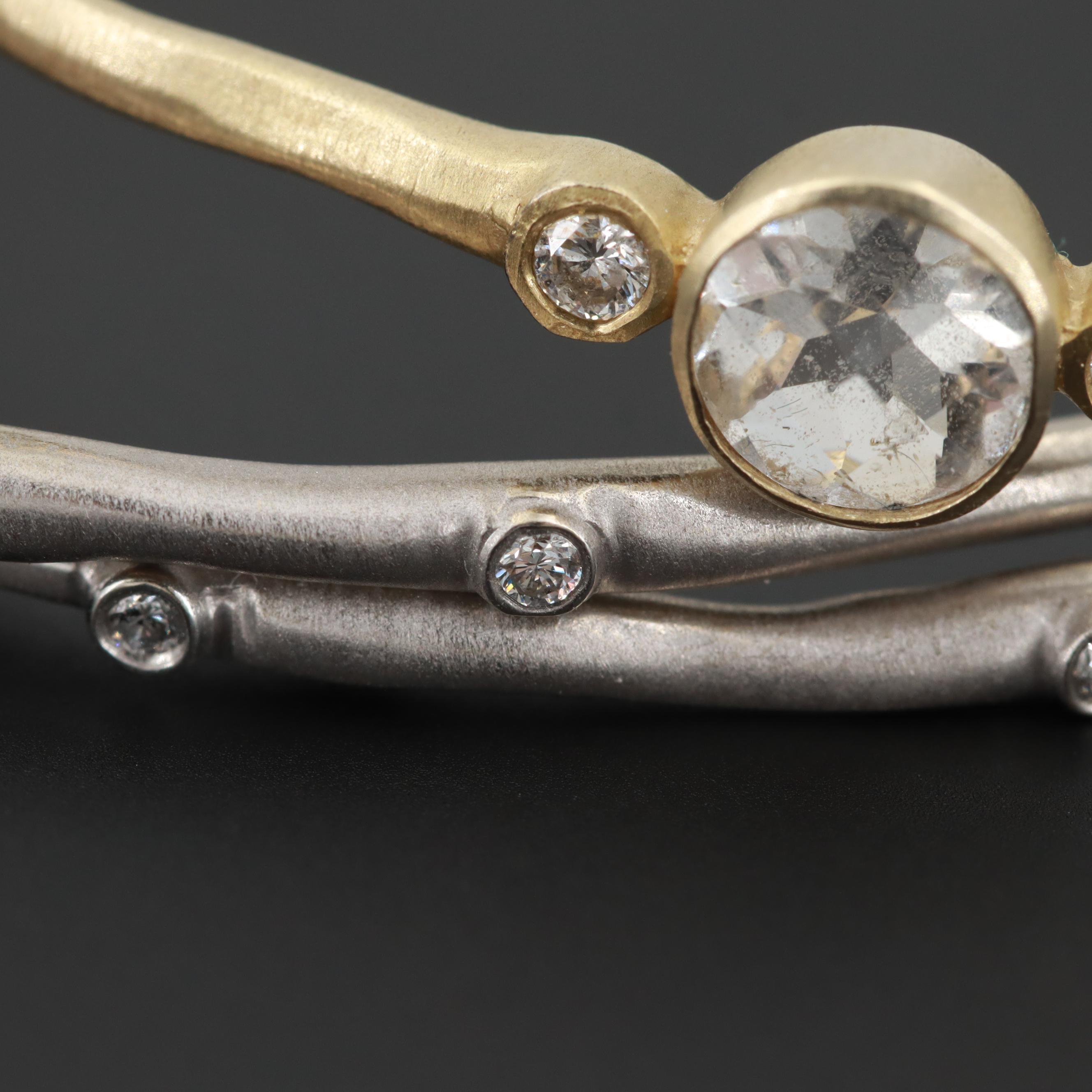 14K White and Yellow Gold Diamond and White Topaz Bangle Bracelets