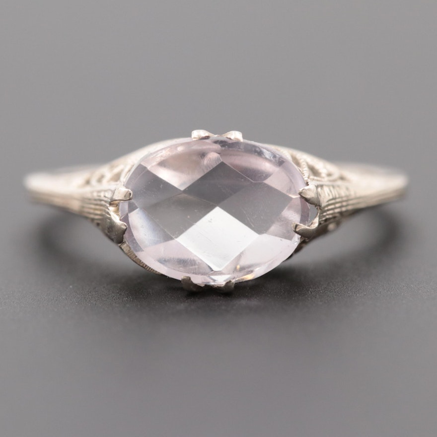 Art Deco 14K White Gold Quartz Ring with Milgrain Detailing