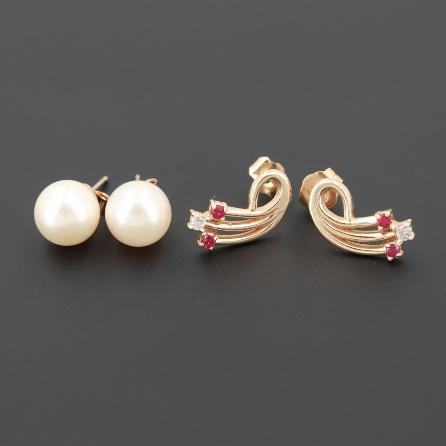 14K Yellow Gold Cultured Pearl, Diamond and Ruby Earrings