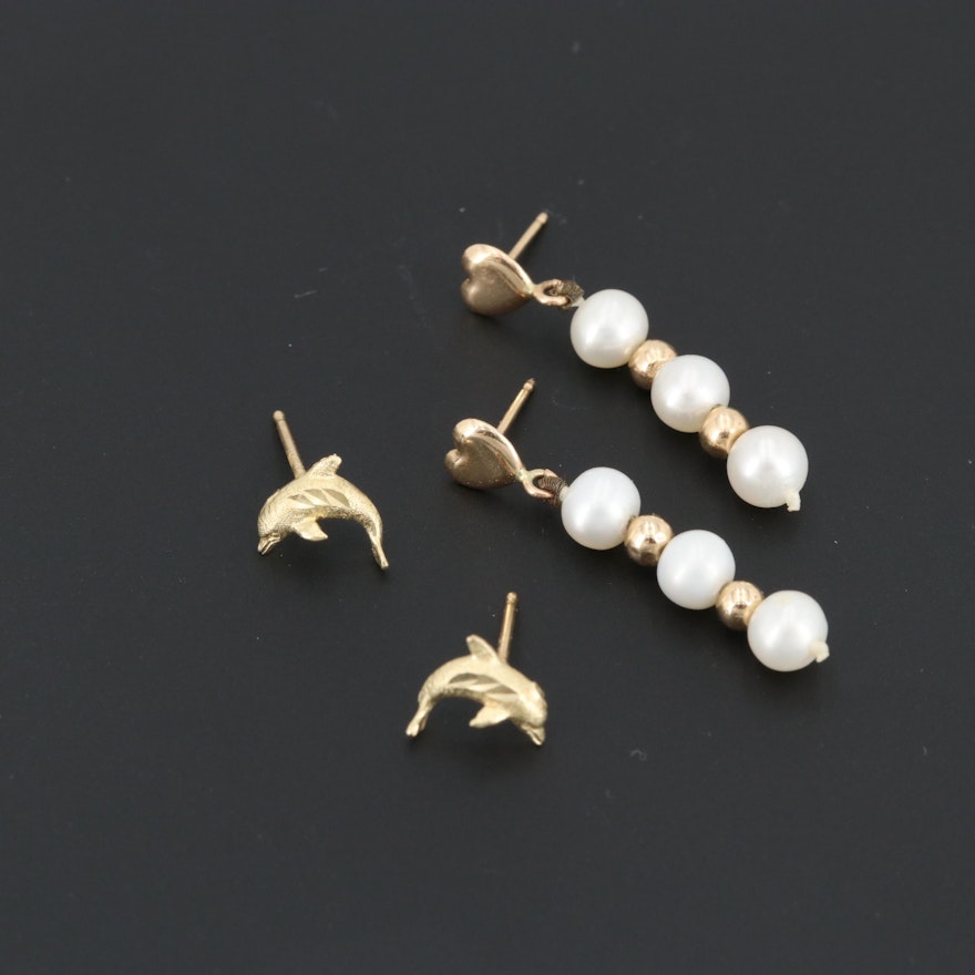 14K Yellow Gold Dolphin Earrings and Cultured Pearl Earrings