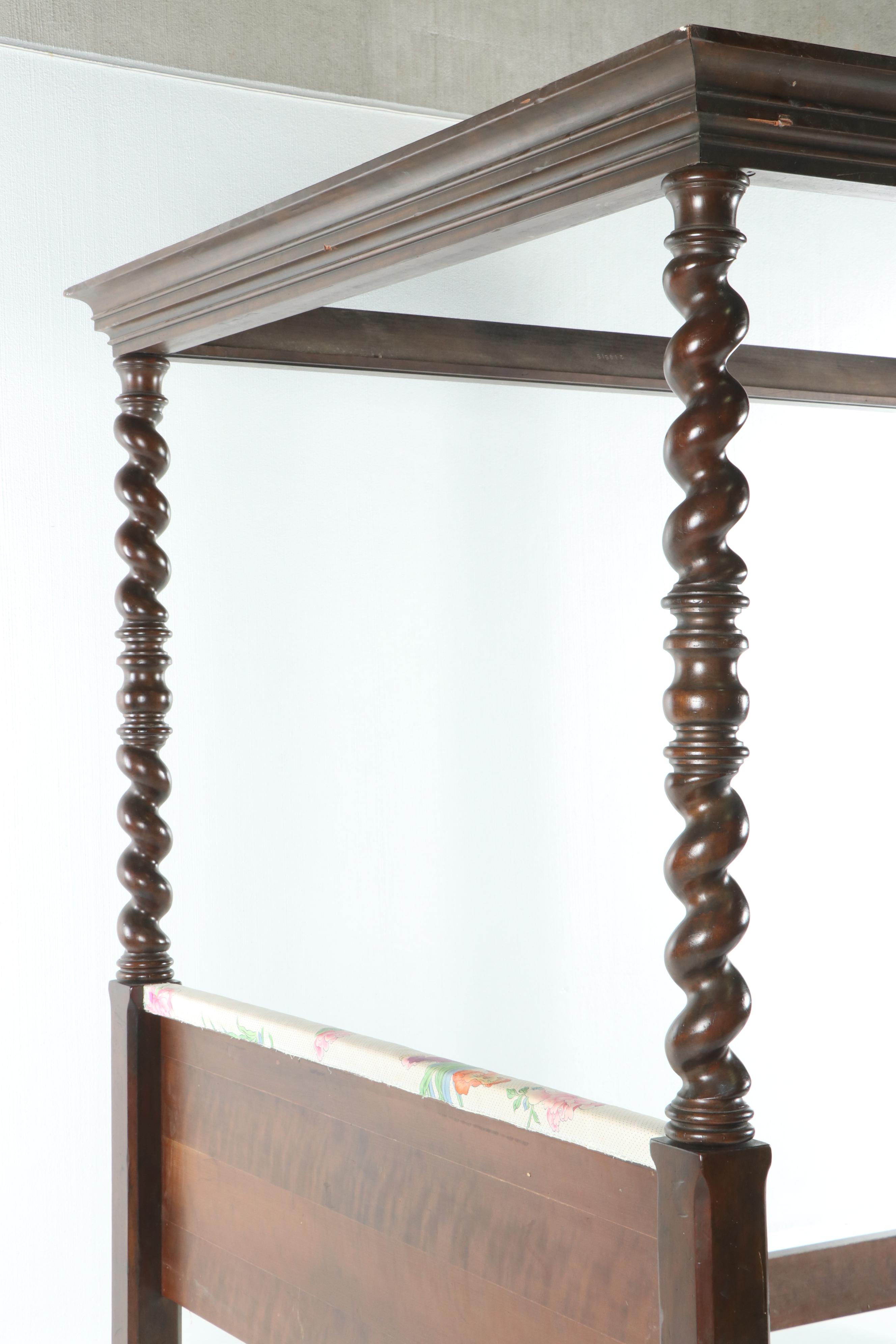 Mahogany Stained Barley Twist Queen Size Canopy Bed By Baker Furniture, 20th C.