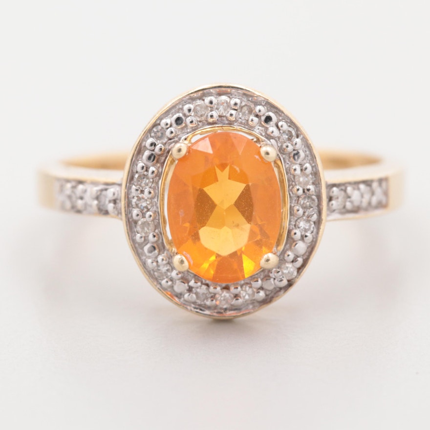 14K Yellow Gold Fire Opal and Diamond Ring