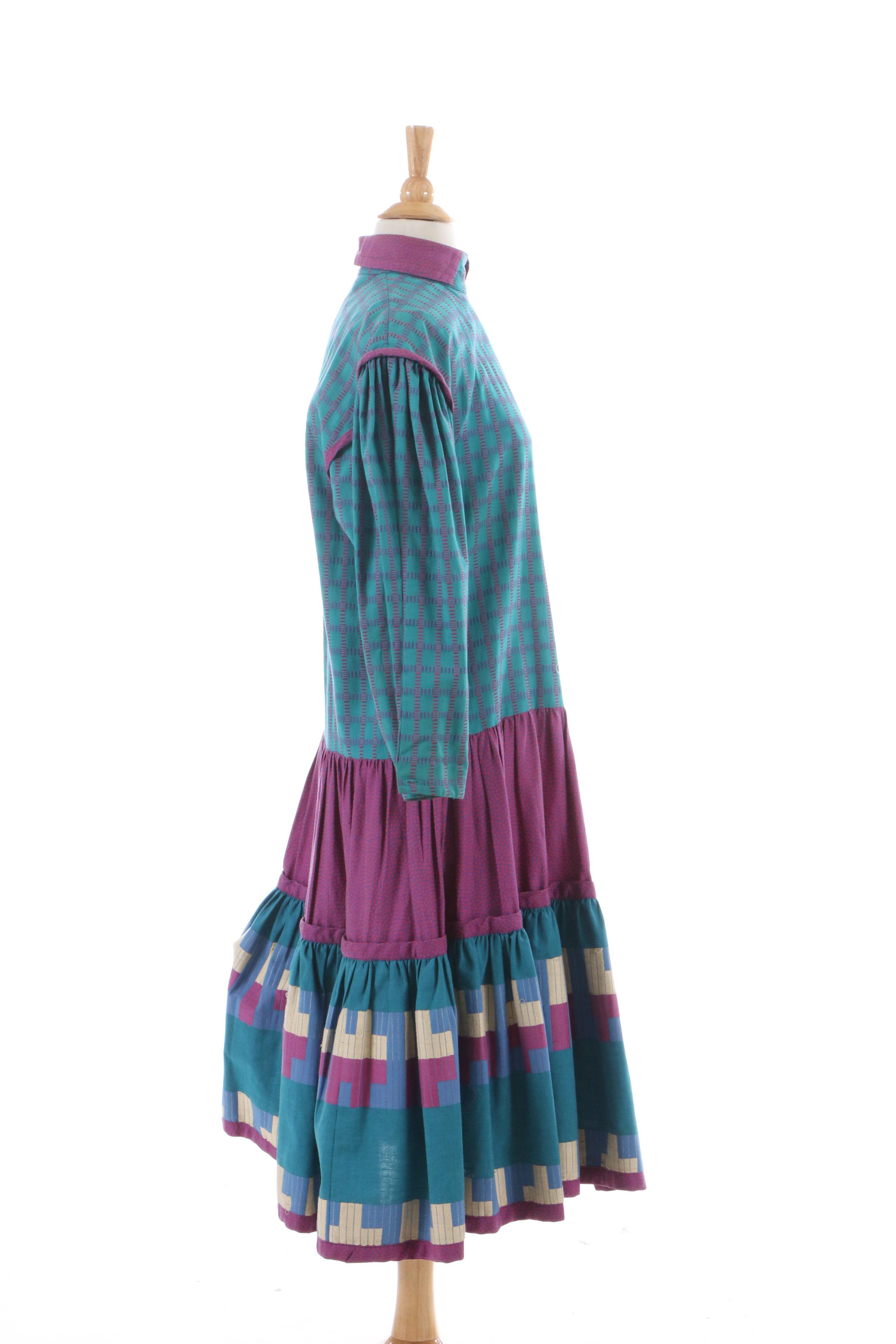 Jeanne Marc Cotton Drop Waist Dress with Woven Accents, 1980s Vintage