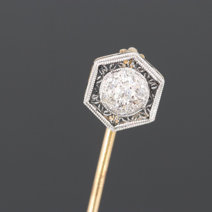 Edwardian 14K Yellow Gold and Platinum Diamond Stick Pin