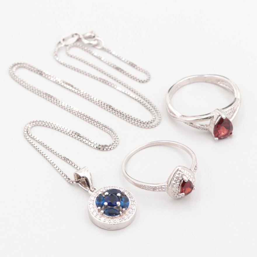 Sterling Silver Garnet, Diamond and Cubic Zirconia Pendant Necklaces and Ring