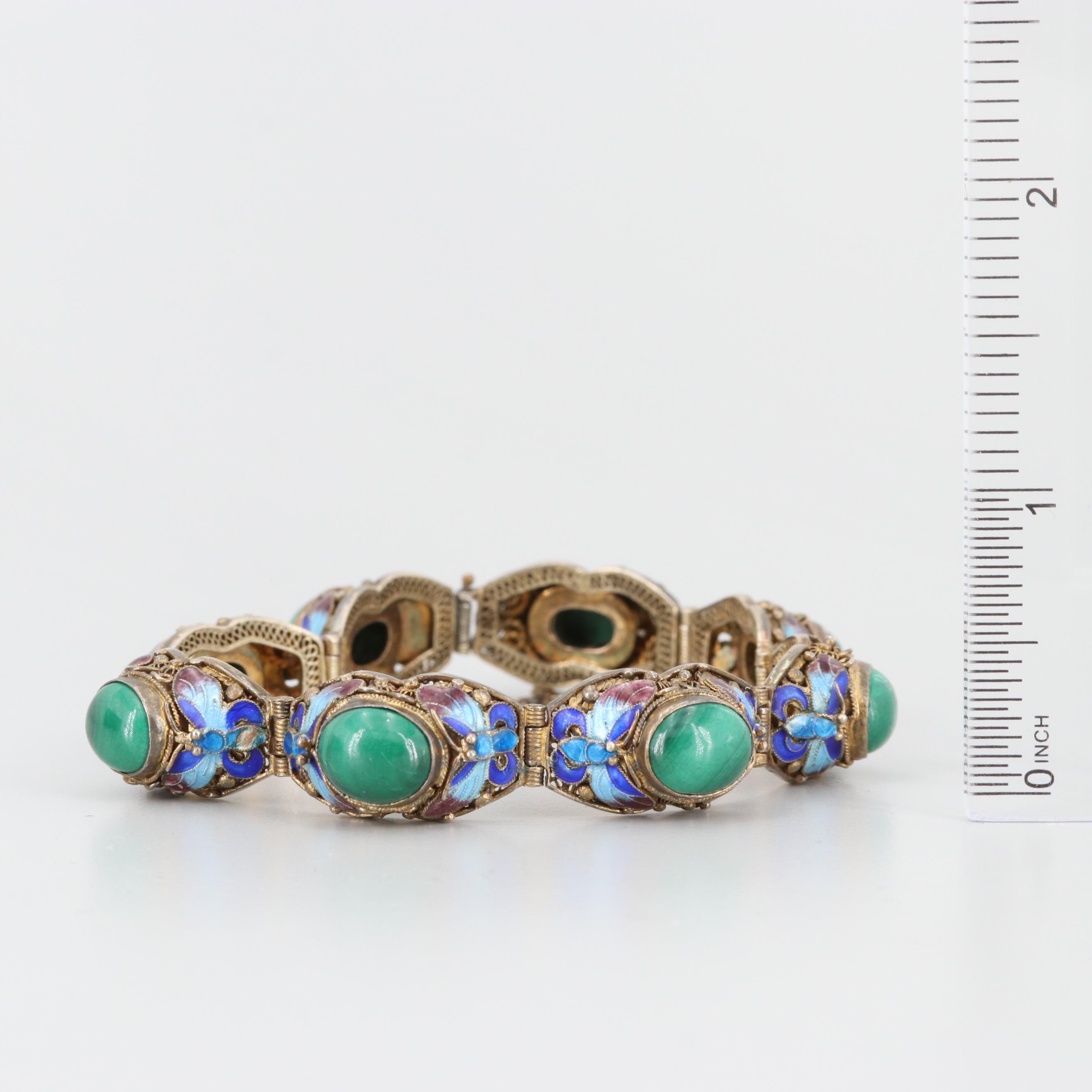 Sterling Silver Malachite and Cloisonné Enamel Bracelet