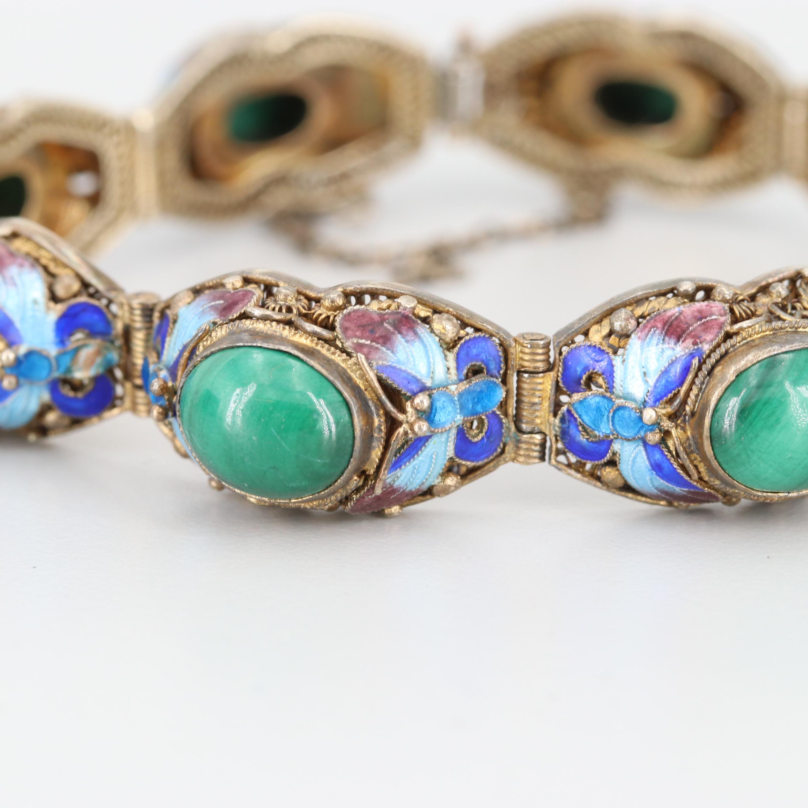 Sterling Silver Malachite and Cloisonné Enamel Bracelet