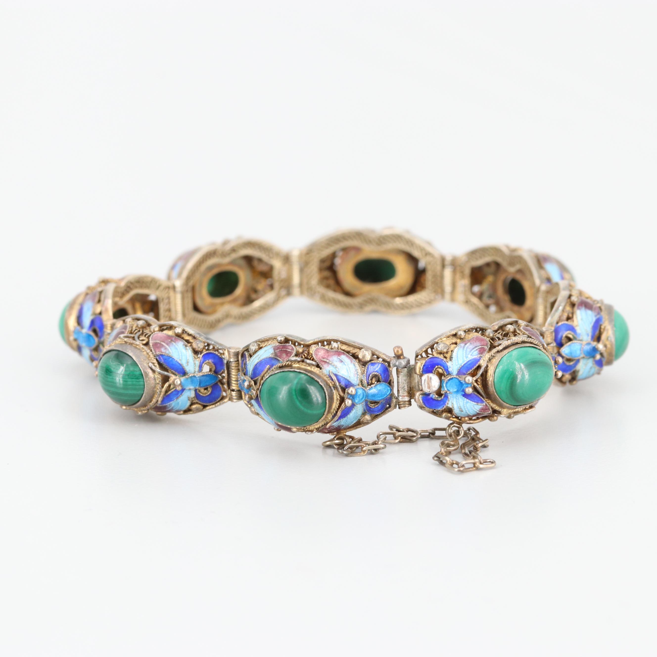 Sterling Silver Malachite and Cloisonné Enamel Bracelet