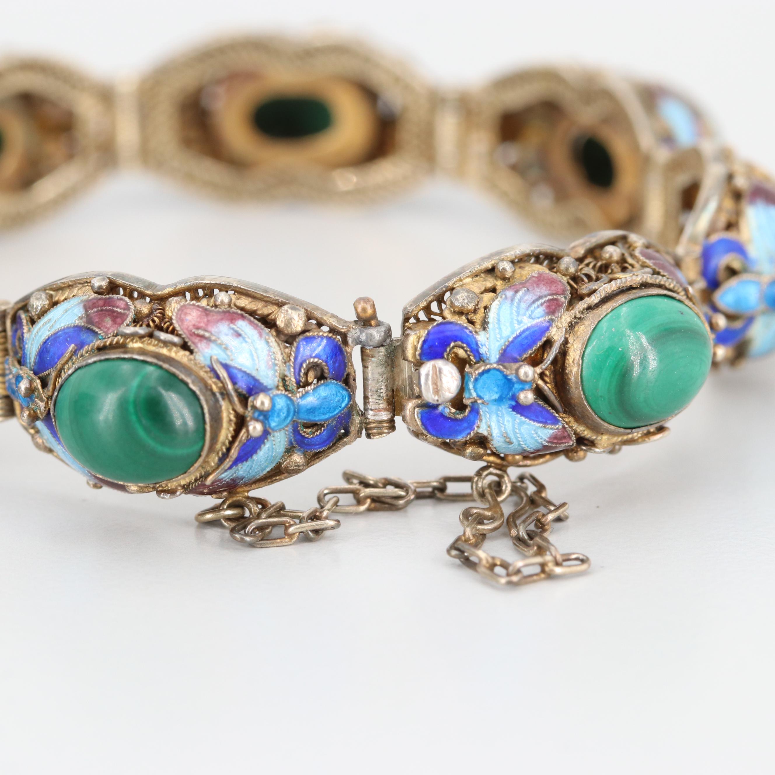Sterling Silver Malachite and Cloisonné Enamel Bracelet