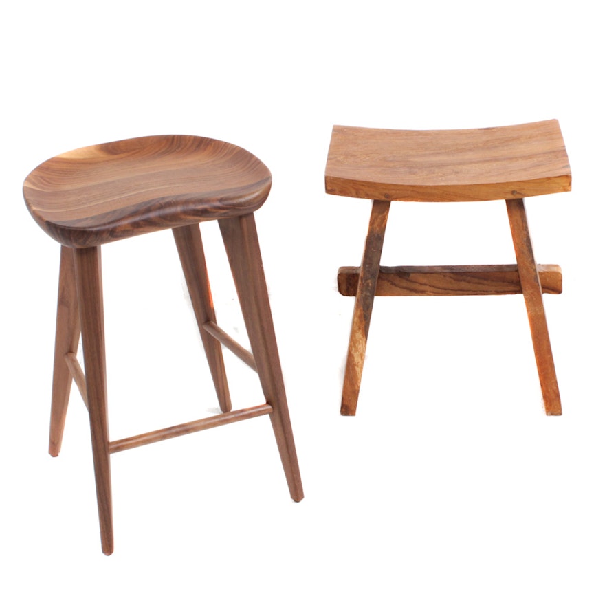 Walnut Mid-Century Modern and Tropical Hardwood Rustic Accent Stools