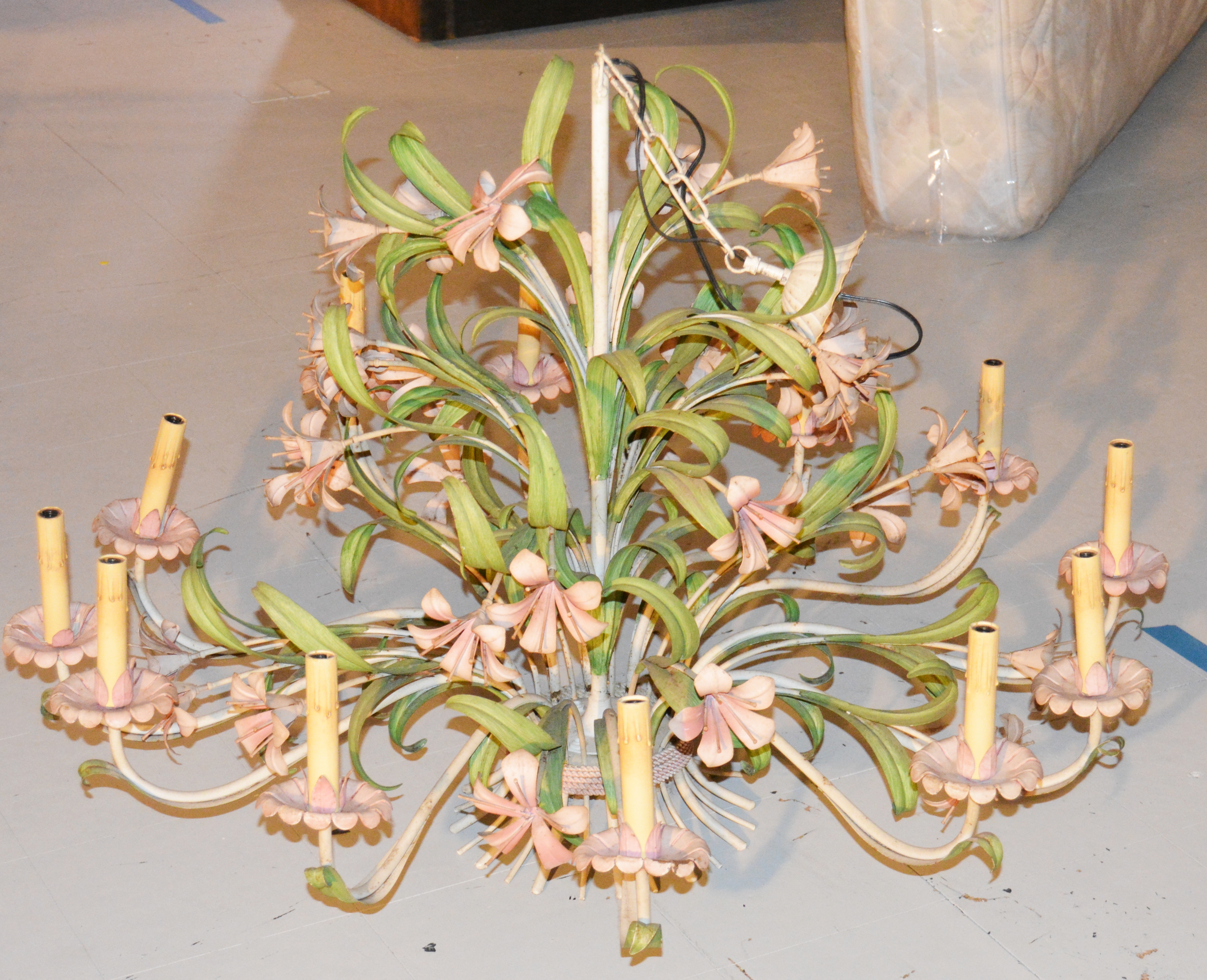 Painted Polychrome Metal Tole Floral Chandelier, Mid-Century