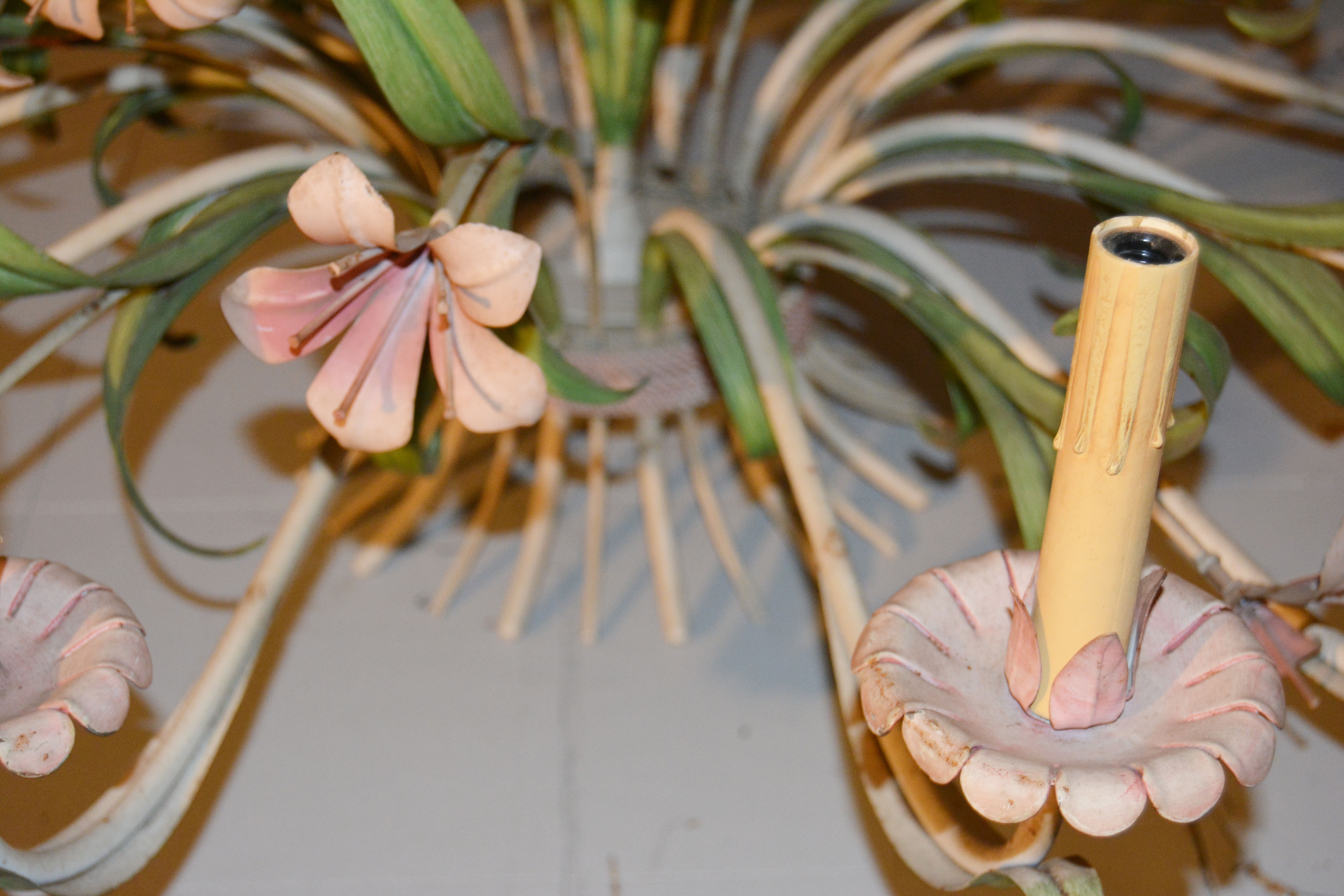 Painted Polychrome Metal Tole Floral Chandelier, Mid-Century