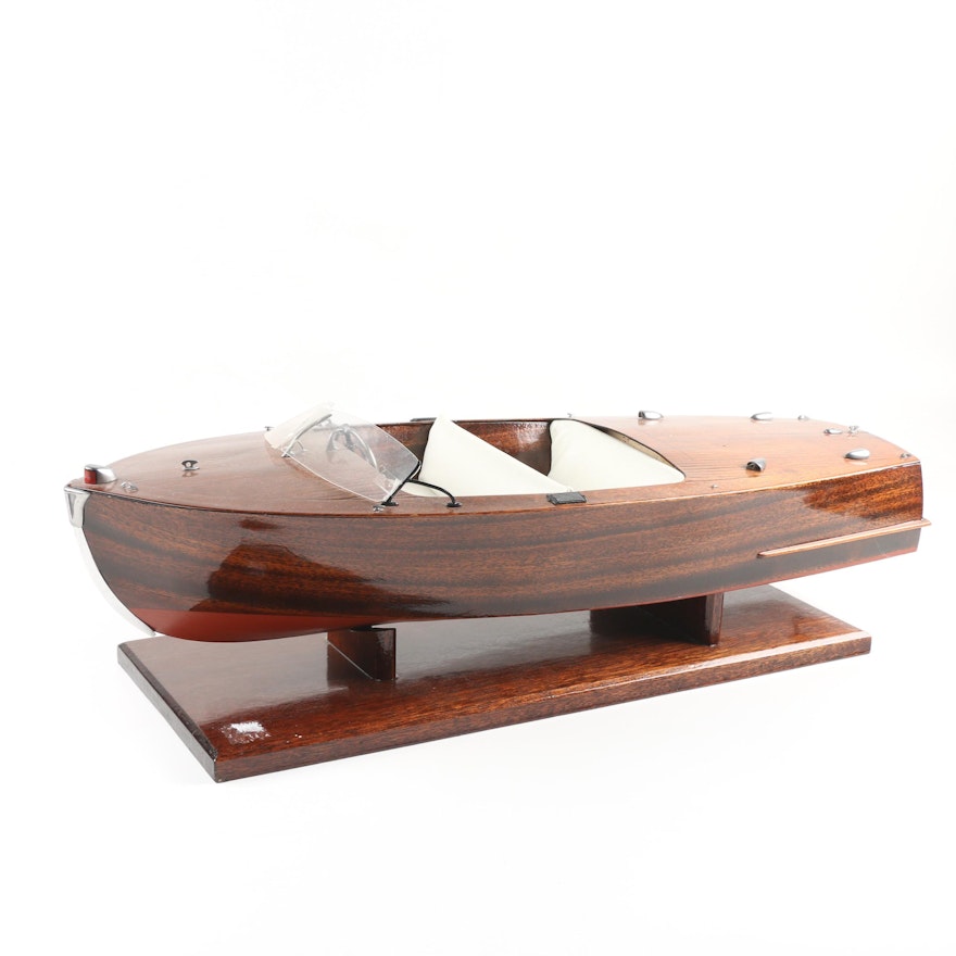 Decorative Mahogany Model of Finnish Runabout Speedboat with Stand, 20th Century