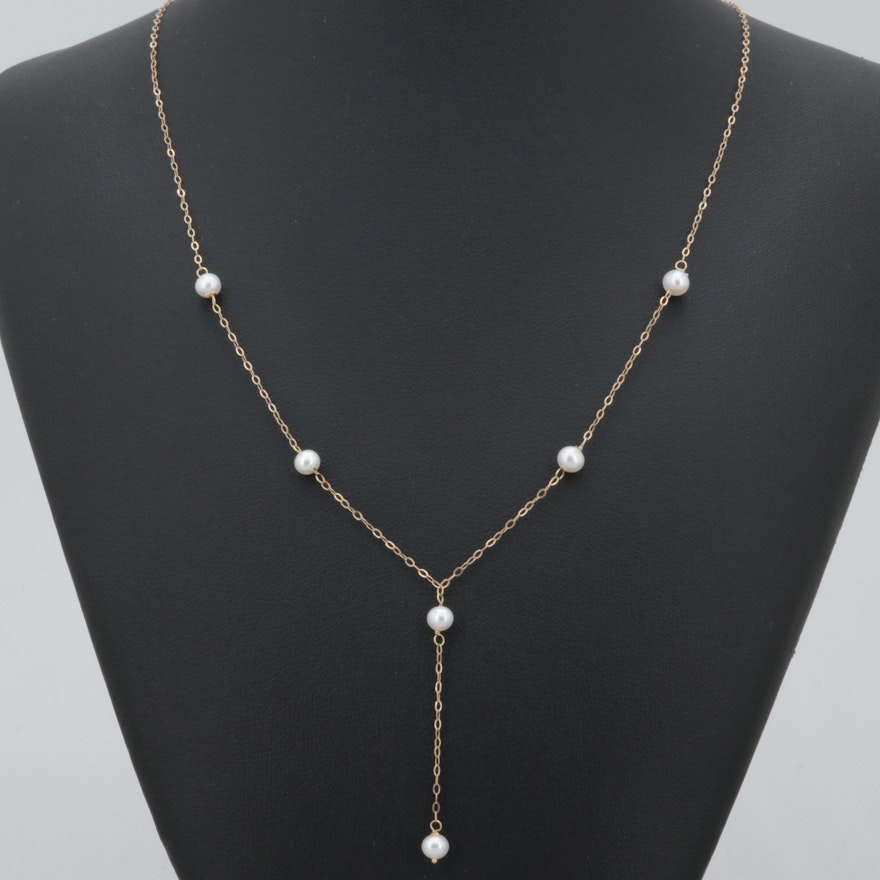 14K Yellow Gold Cultured Pearl Drop Necklace