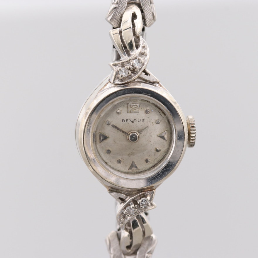 Vintage Benrus 14K White Gold Wristwatch With Diamond Lugs