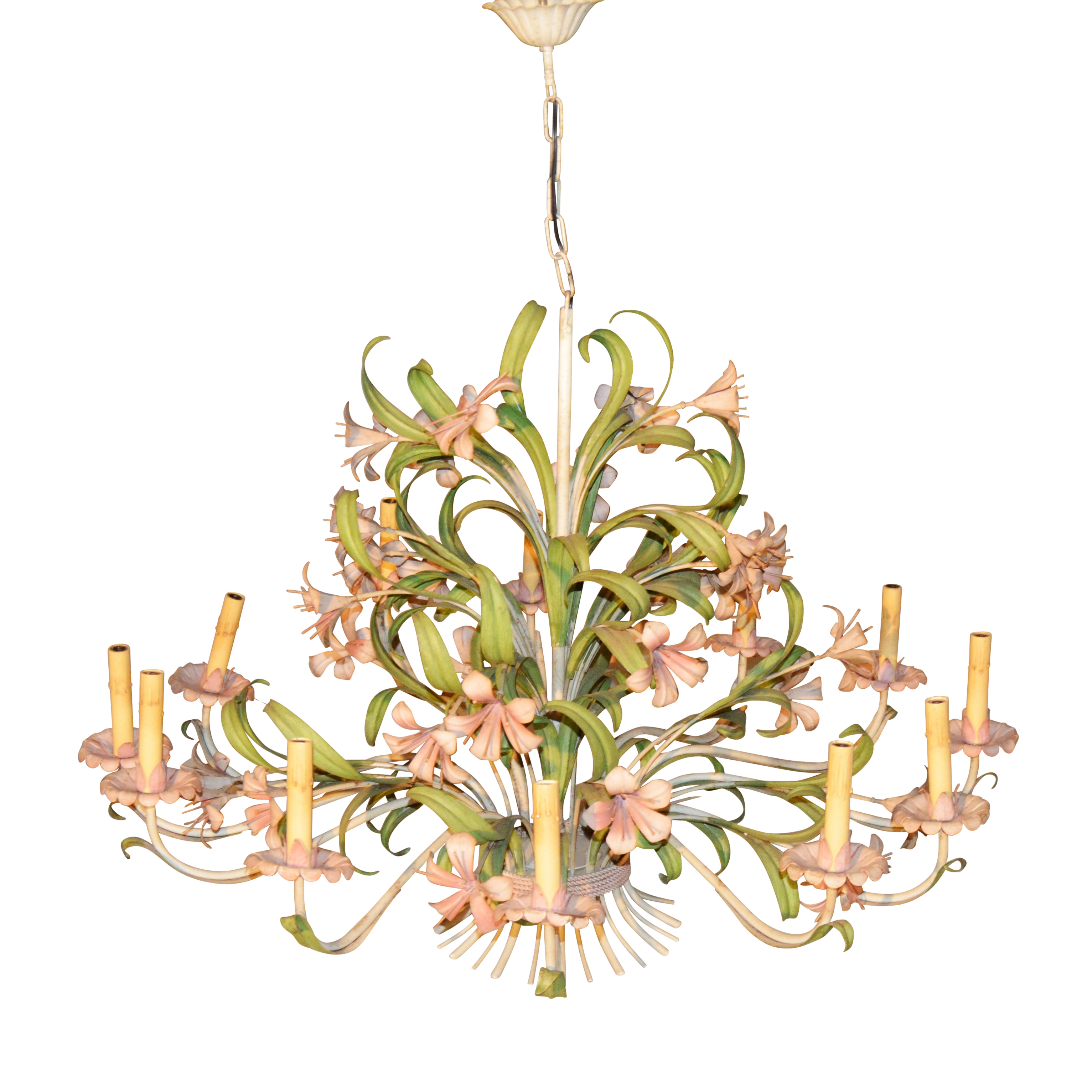 Painted Polychrome Metal Tole Floral Chandelier, Mid-Century