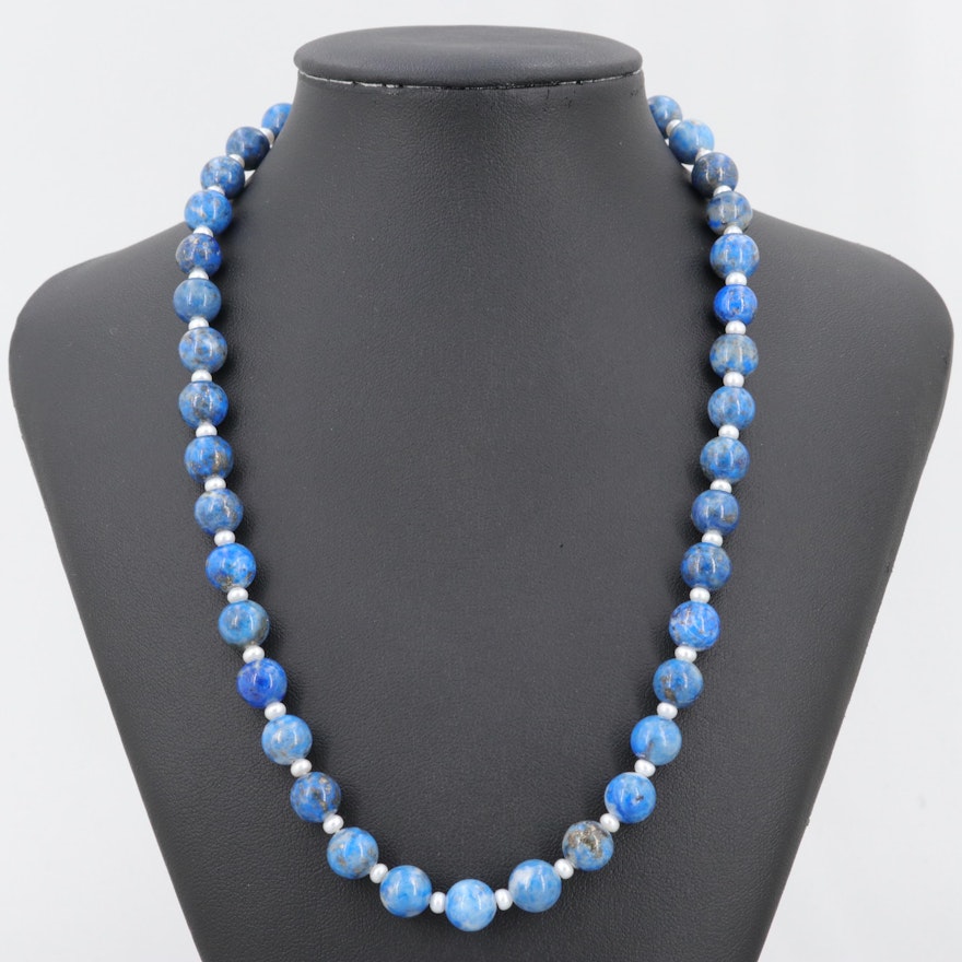 Costume Denim Lapis Lazuli and Cultured Pearl Bead Necklace