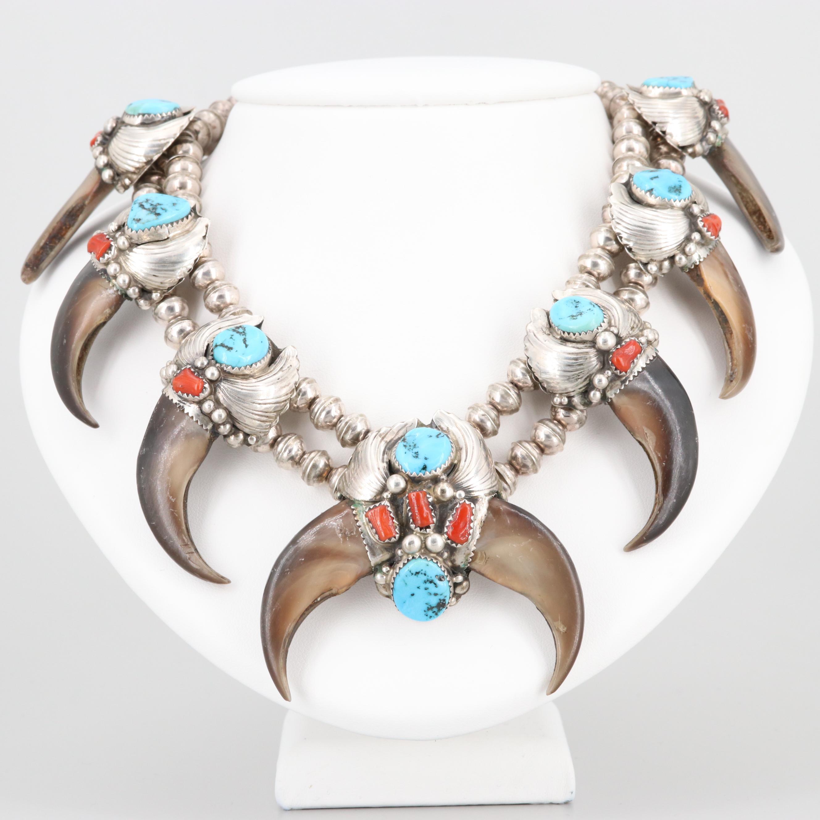 Elaine Sam Navajo Diné Sterling Black Bear Claw, Turquoise and Coral Necklace