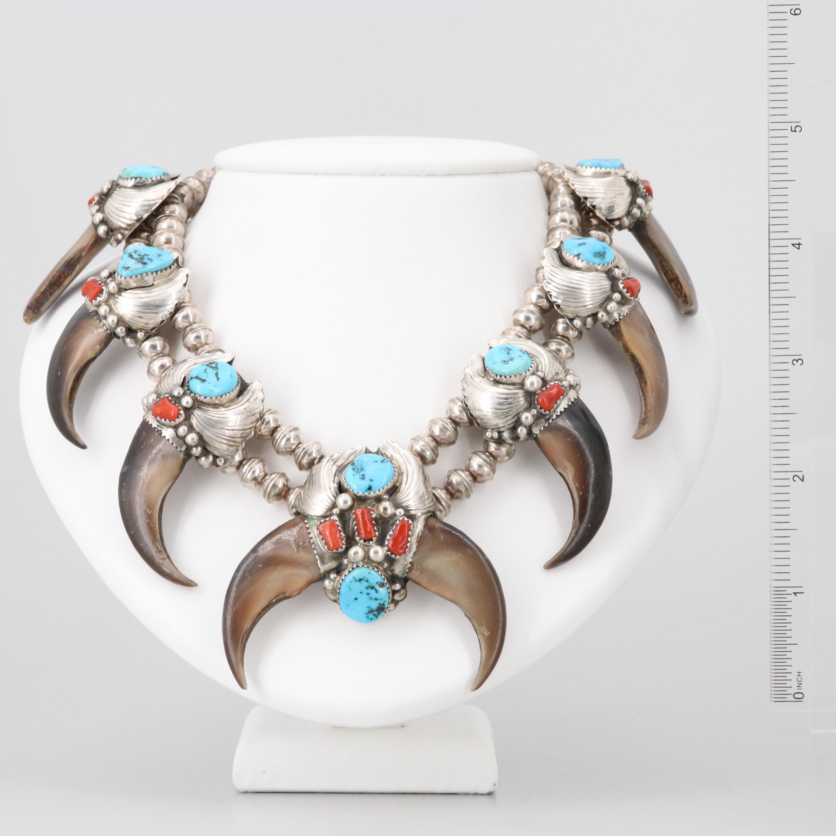 Elaine Sam Navajo Diné Sterling Black Bear Claw, Turquoise and Coral Necklace