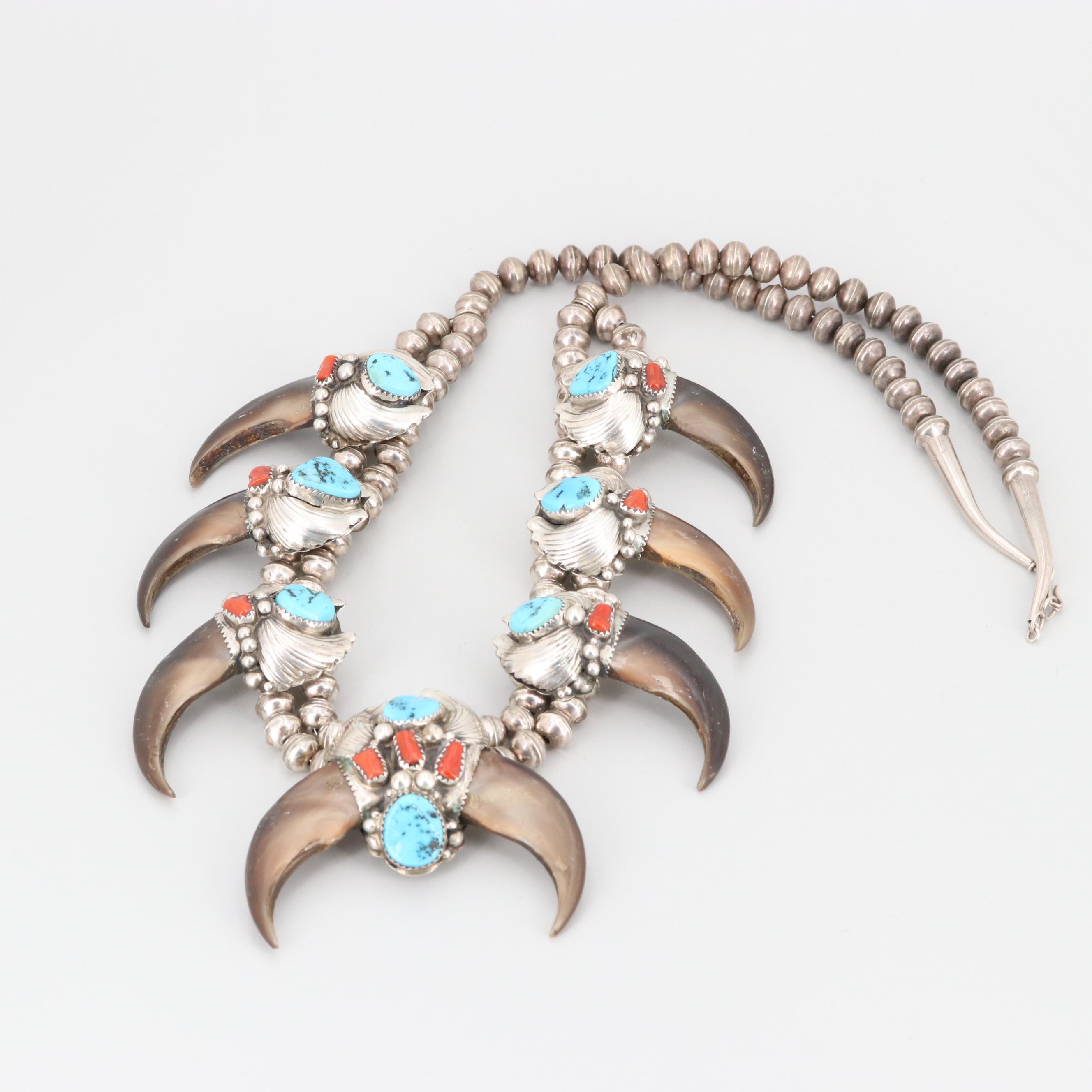 Elaine Sam Navajo Diné Sterling Black Bear Claw, Turquoise and Coral Necklace