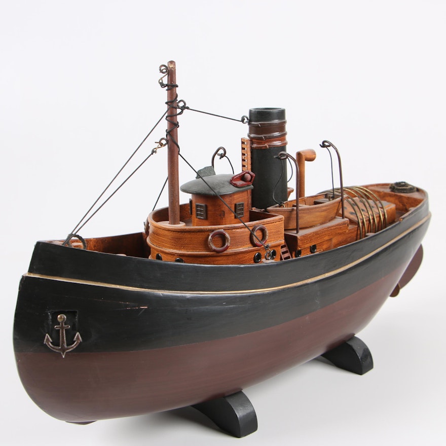 Decorative Painted Wooden Model of 20th Century Tugboat