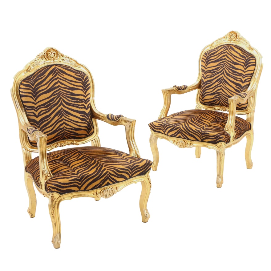 Pair Gilt Painted Louis XV Style Upholstered Arm Chairs