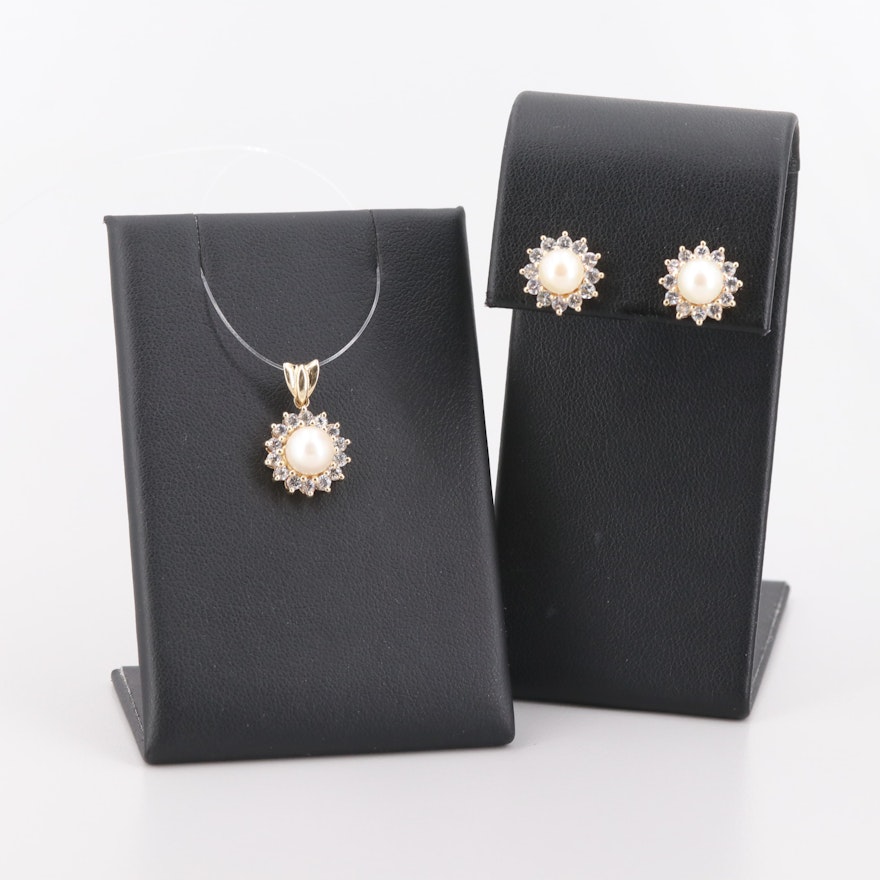 10K Yellow Gold Cultured Pearl Earrings and Pendant with Cubic Zirconia Accents