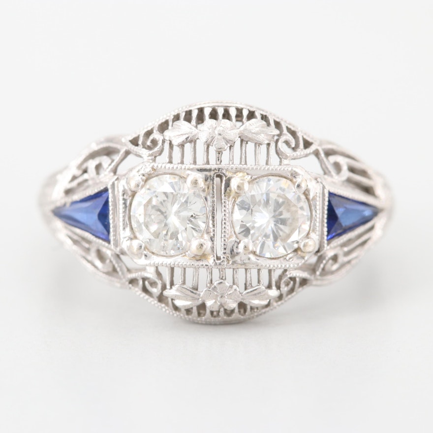 Art Deco Platinum Diamond and Synthetic Sapphire Ring