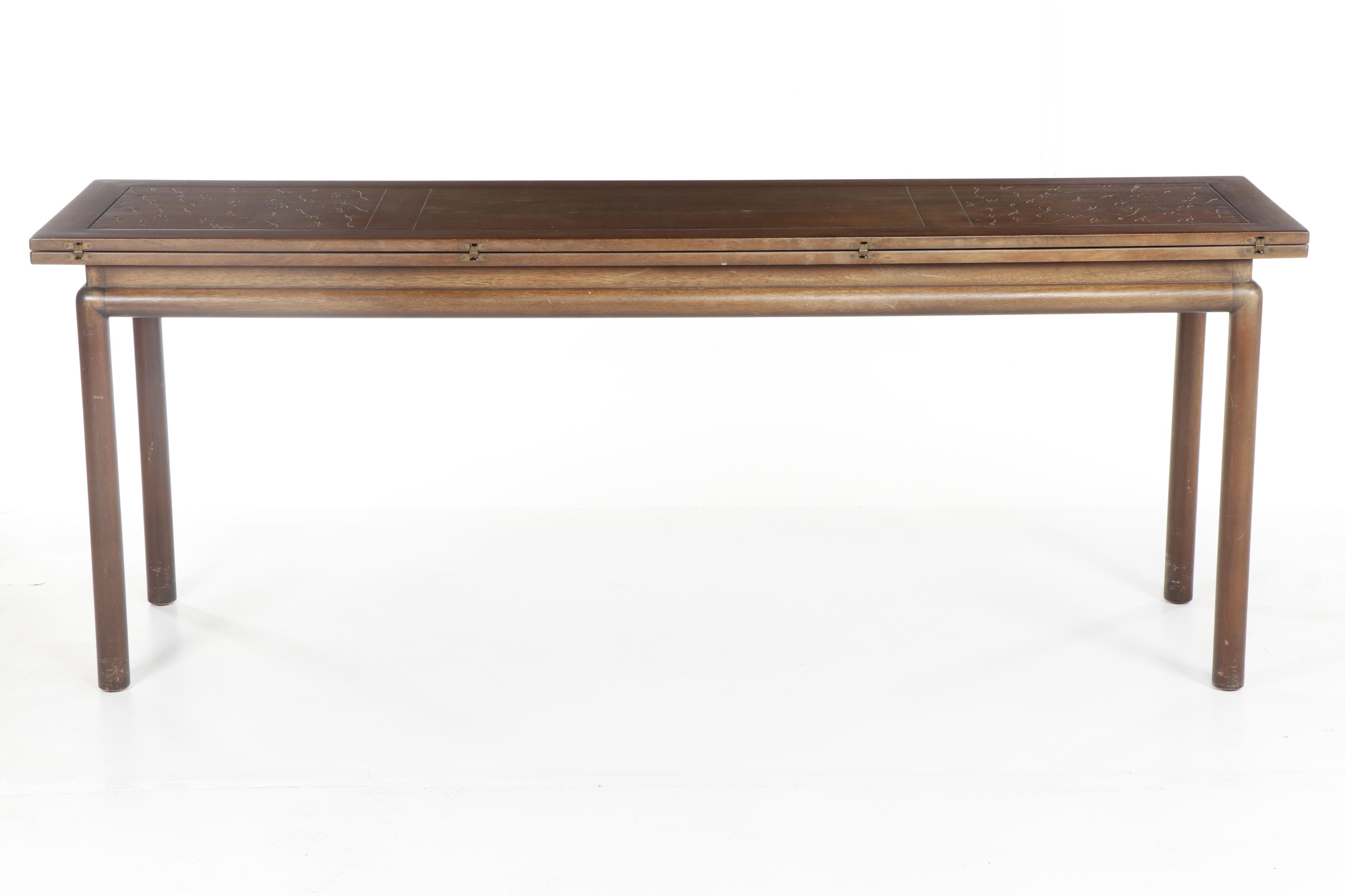 Harvey Probber-Style Flip Top Console Dining Table with Carved Decor