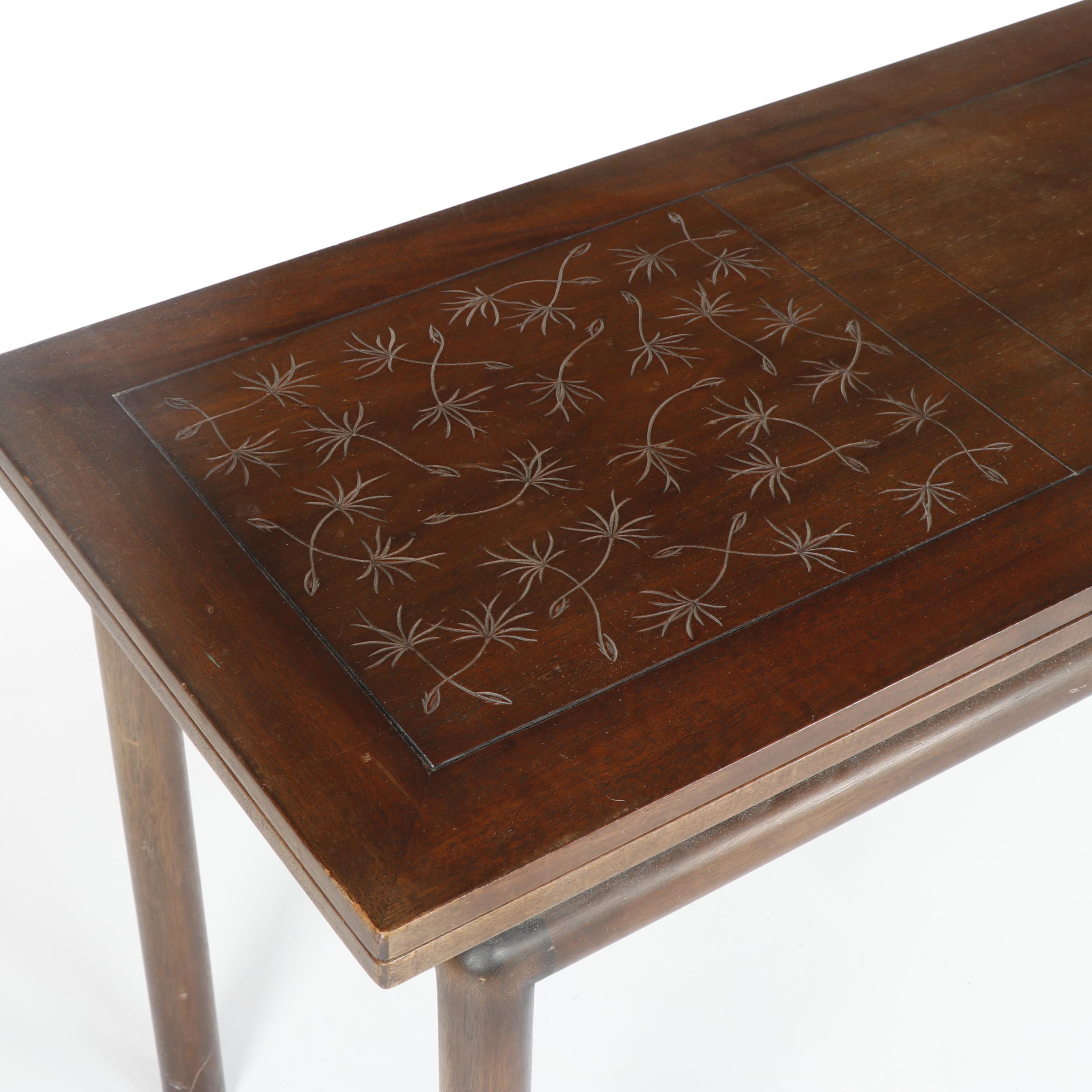 Harvey Probber-Style Flip Top Console Dining Table with Carved Decor