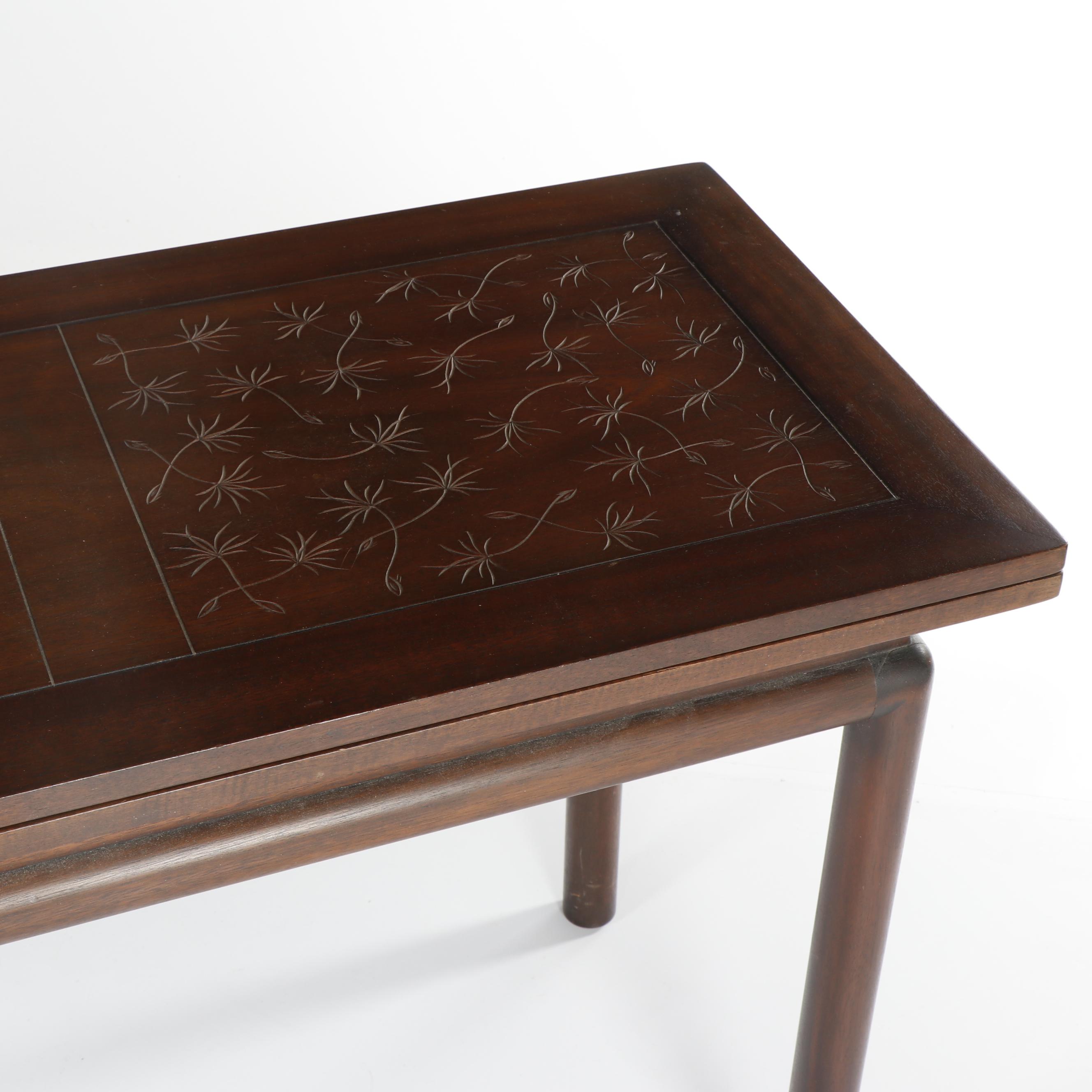 Harvey Probber-Style Flip Top Console Dining Table with Carved Decor