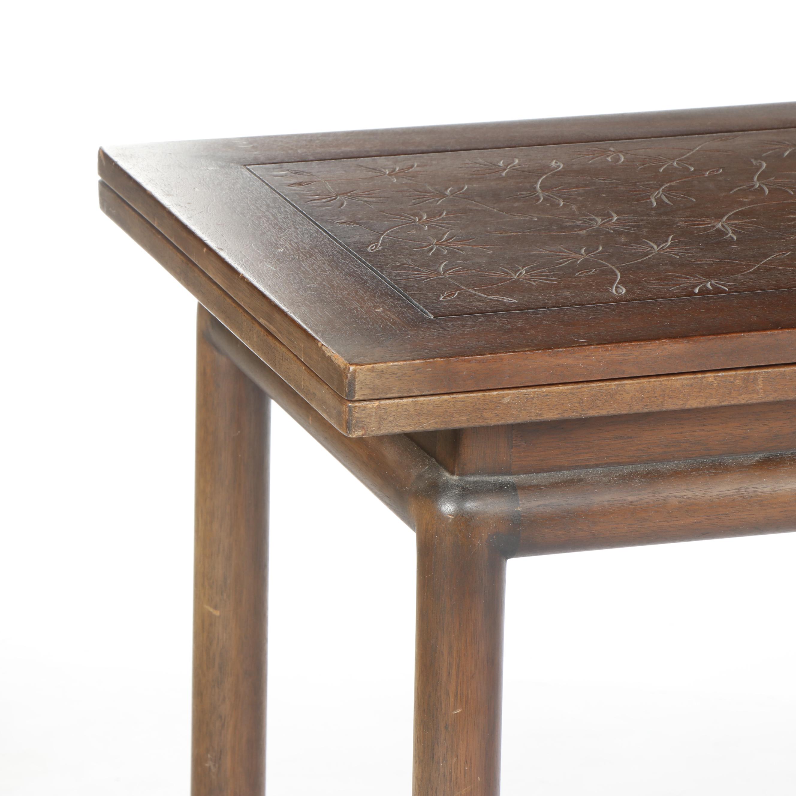 Harvey Probber-Style Flip Top Console Dining Table with Carved Decor