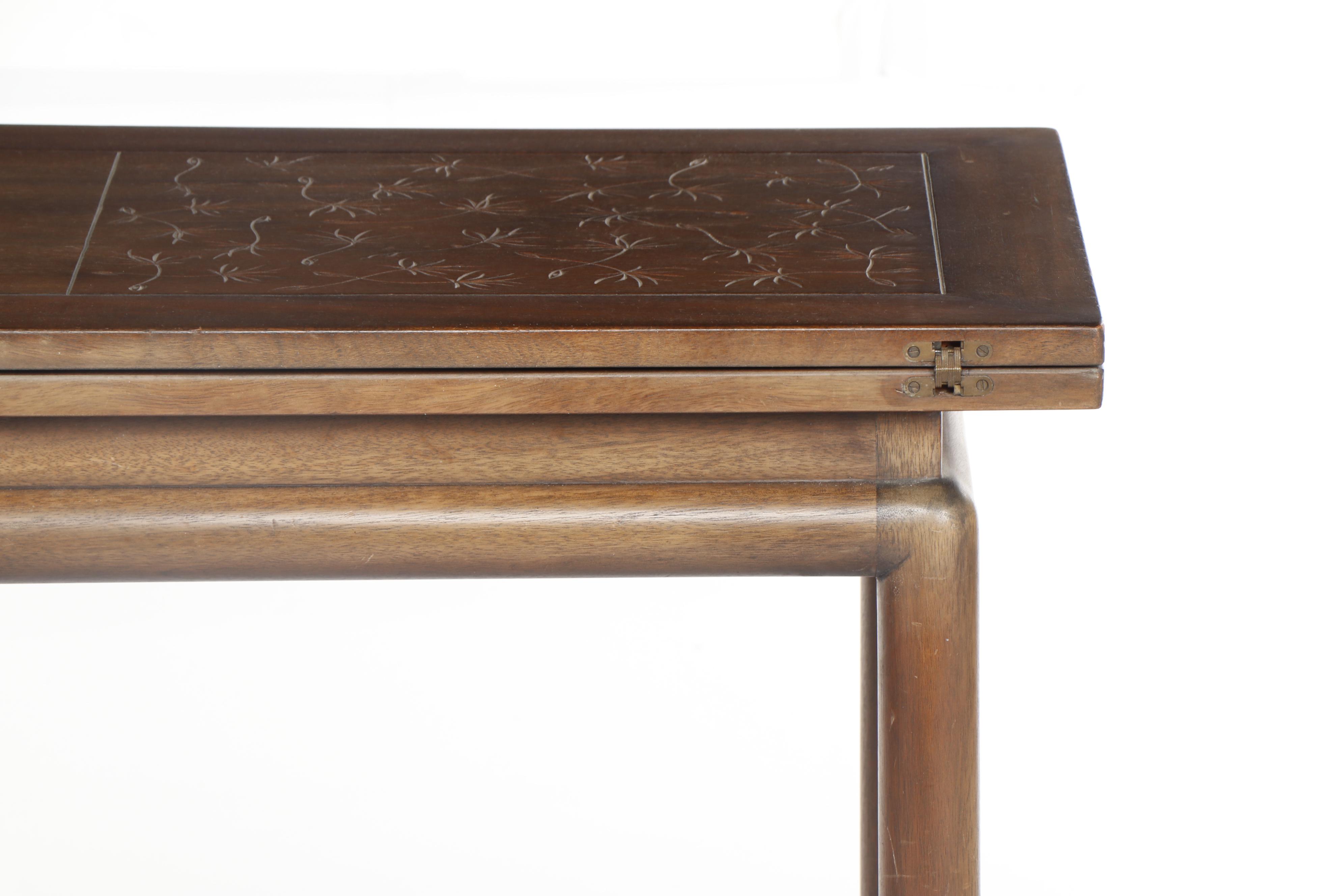 Harvey Probber-Style Flip Top Console Dining Table with Carved Decor