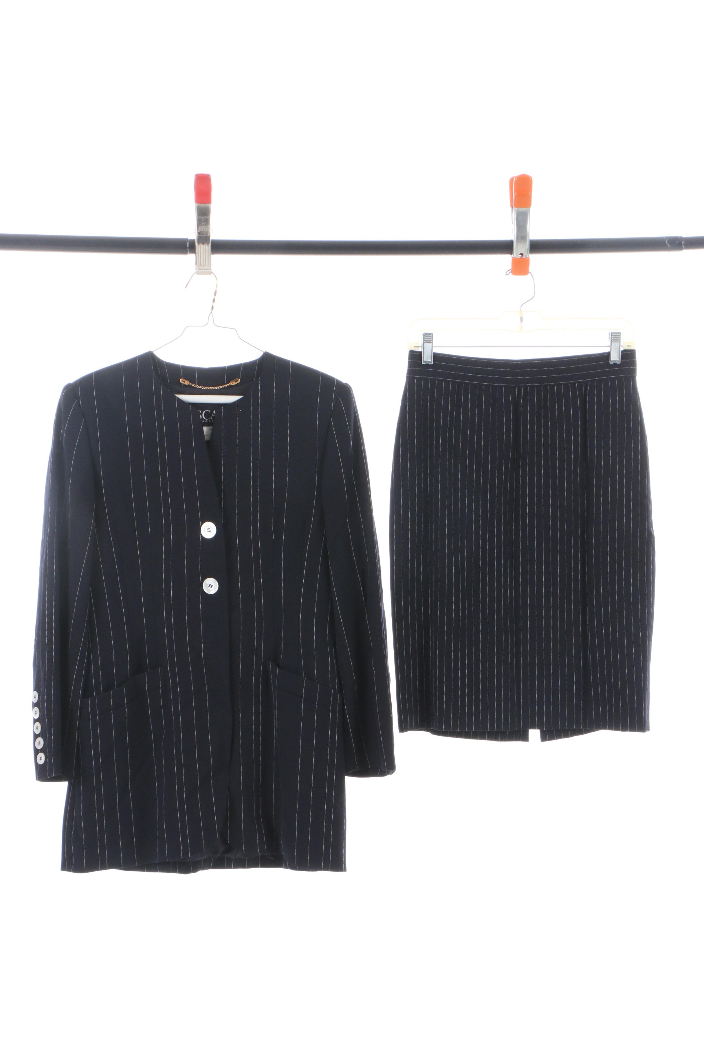 Escada Pinstripe Skirt Suit, Gray Skirt and Silk Blouses