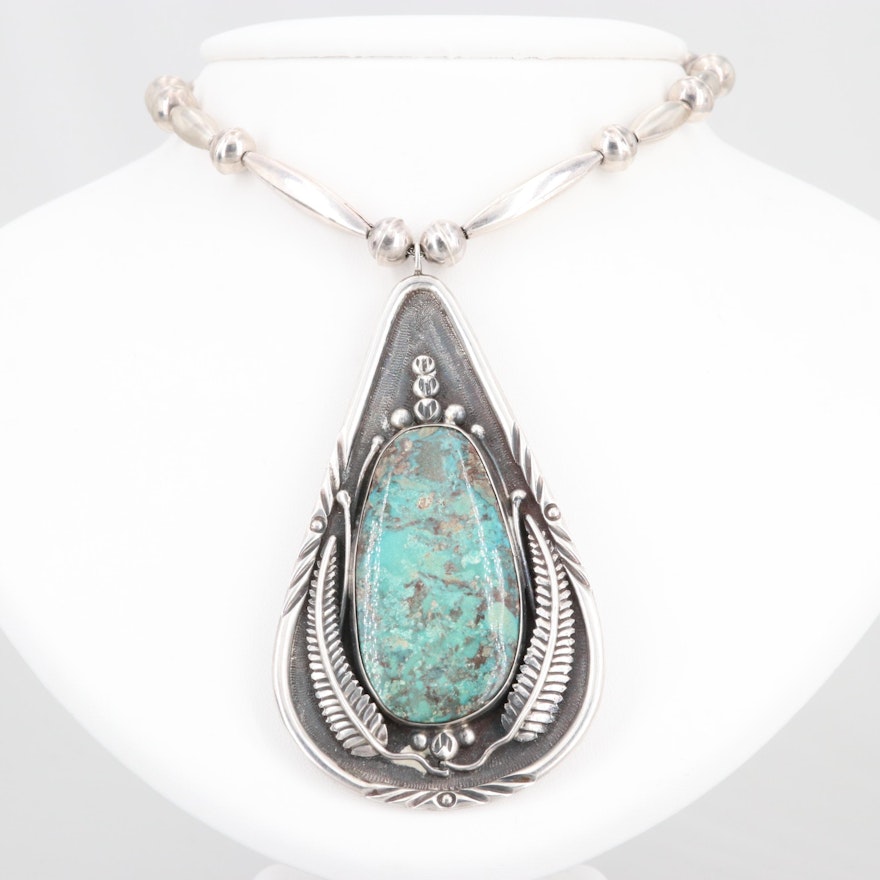 Clyde Woody Navajo Diné Sterling Silver Turquoise Pendant Necklace