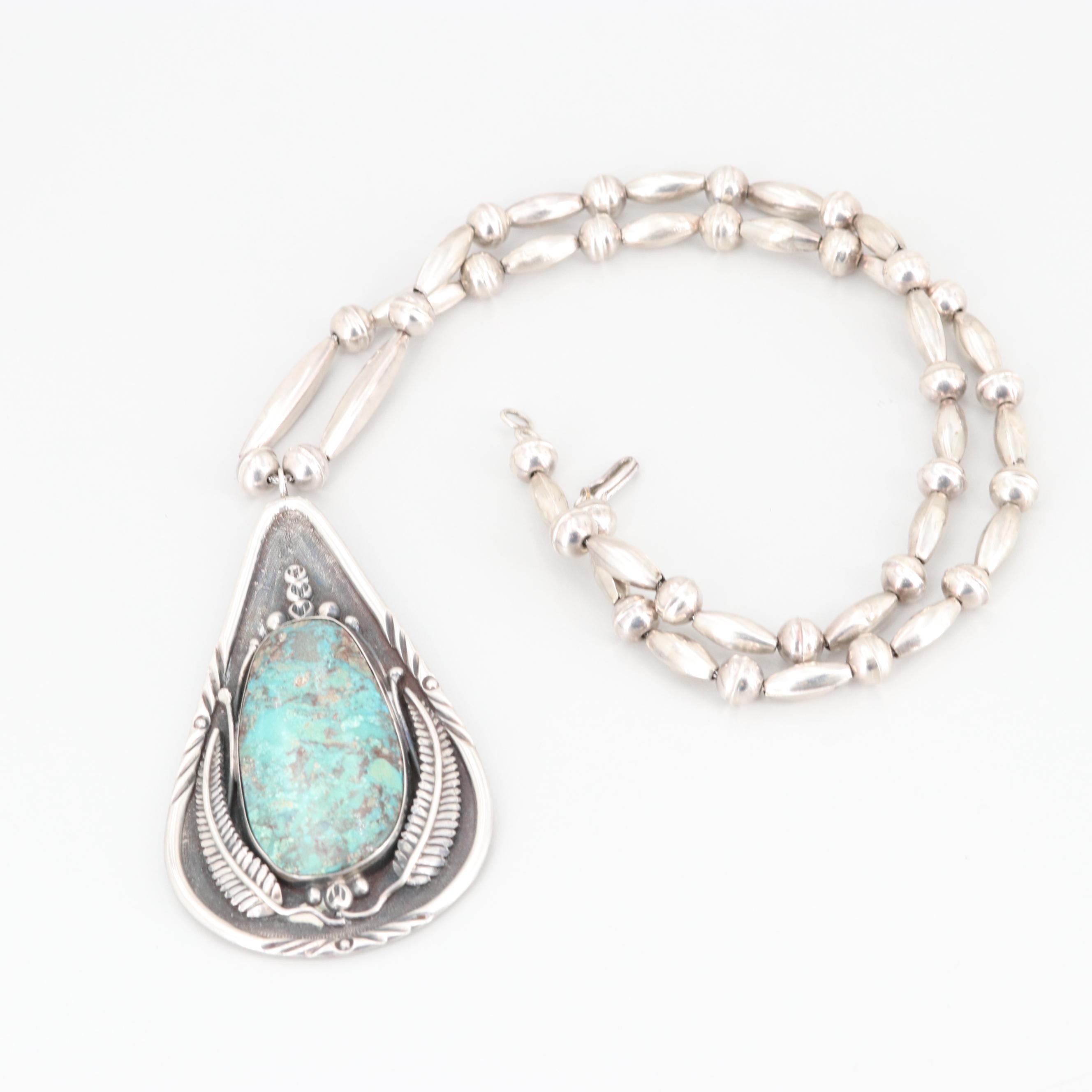 Clyde Woody Navajo Diné Sterling Silver Turquoise Pendant Necklace