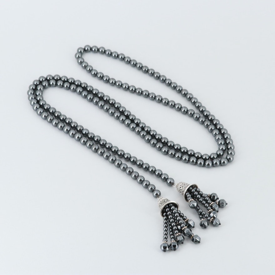 900 Silver Marcasite and Hematite Tassel Lariat Necklace