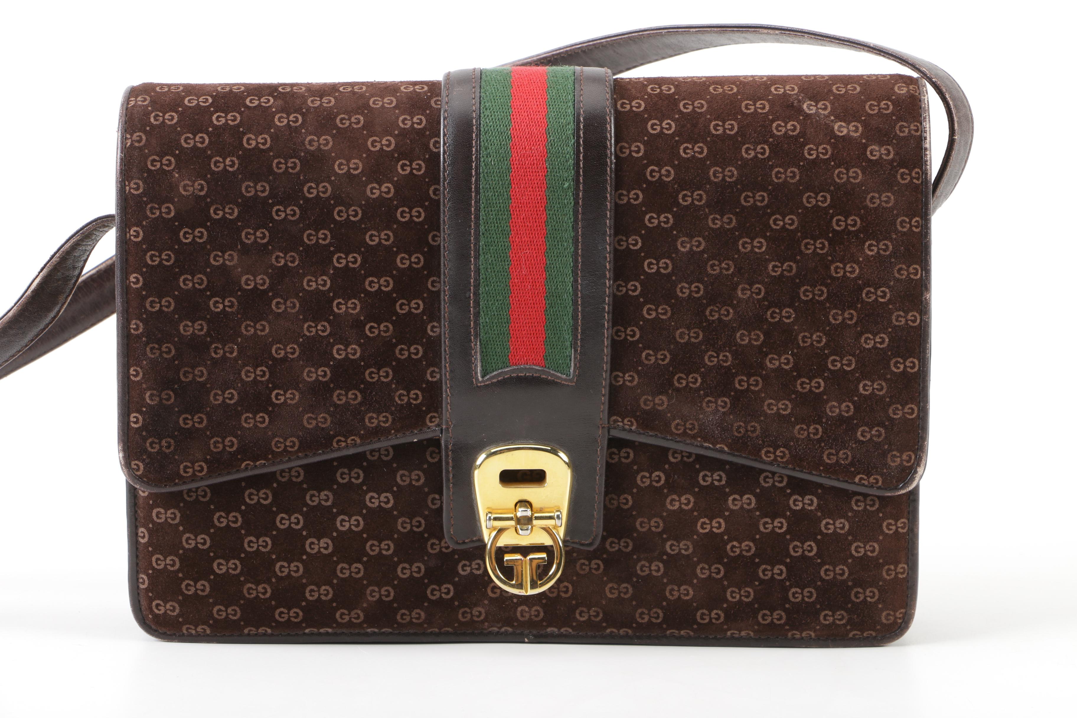 Gucci GG Brown Suede Shoulder Bag with Web Stripe Accent, Vintage