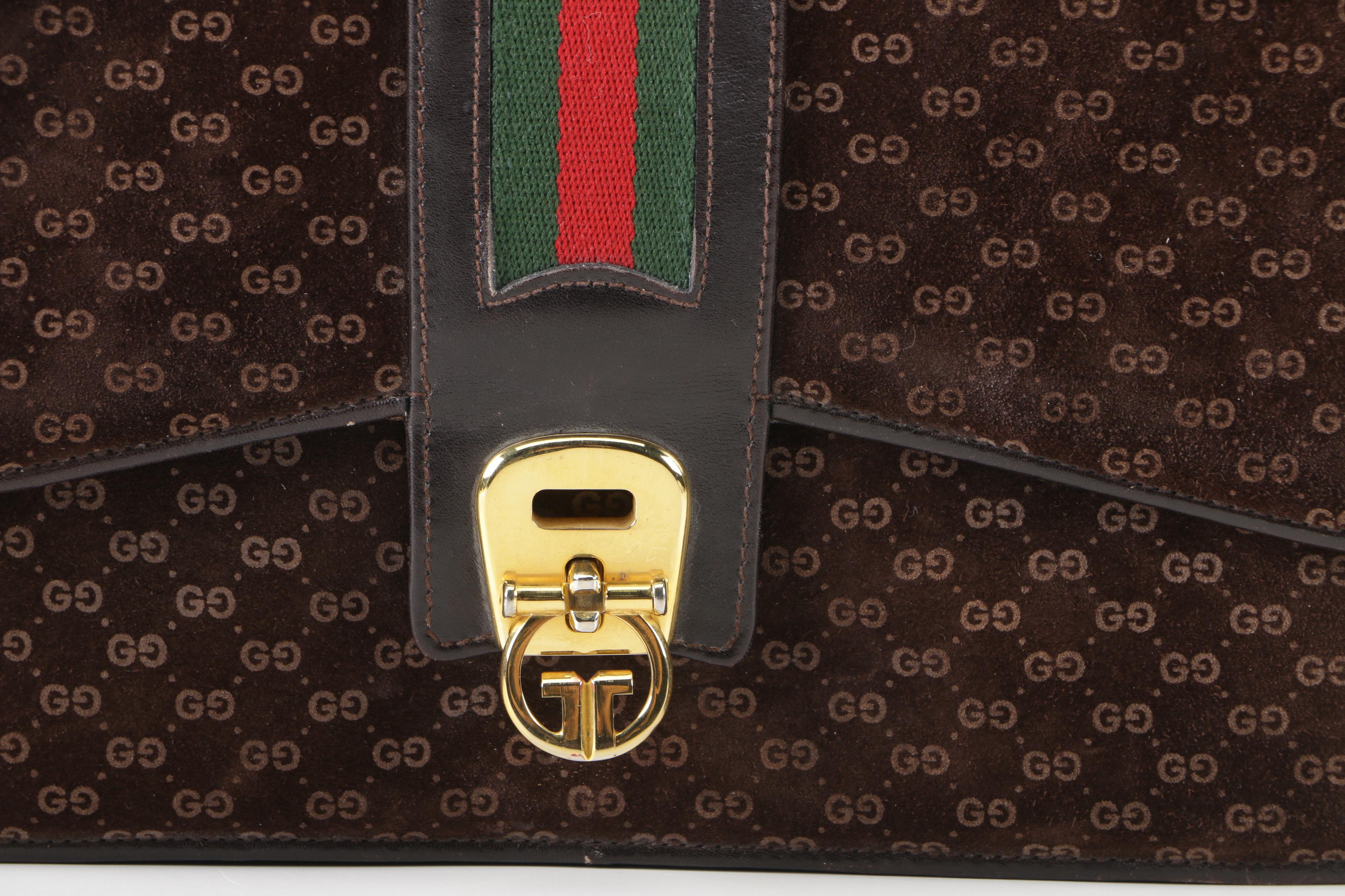 Gucci GG Brown Suede Shoulder Bag with Web Stripe Accent, Vintage