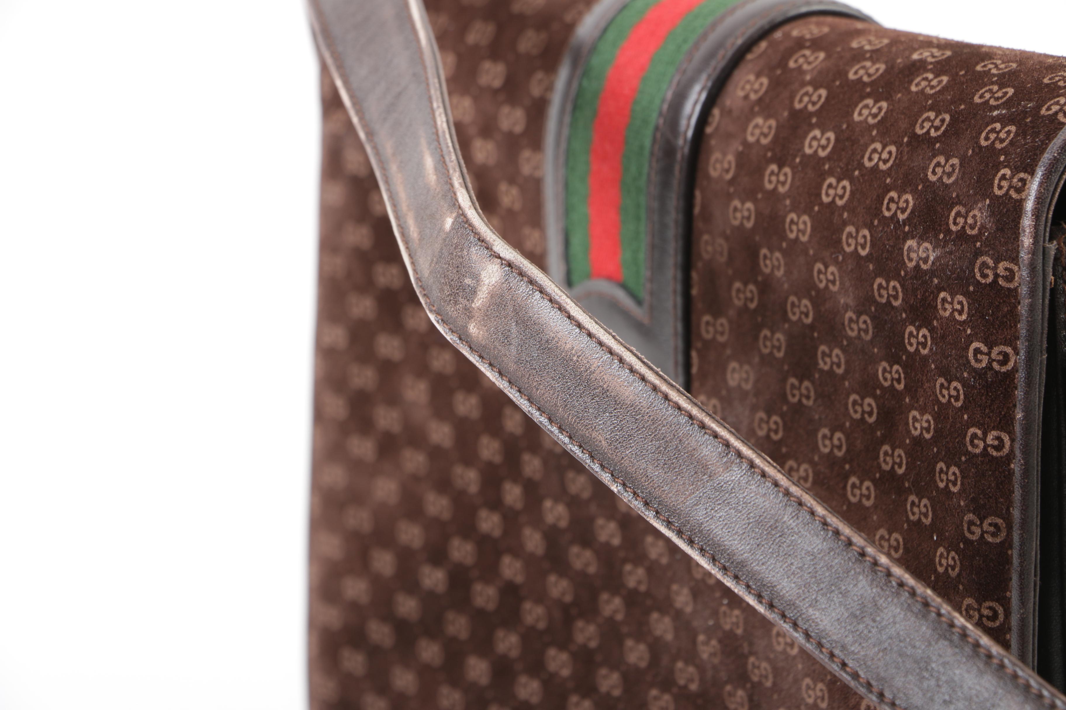 Gucci GG Brown Suede Shoulder Bag with Web Stripe Accent, Vintage