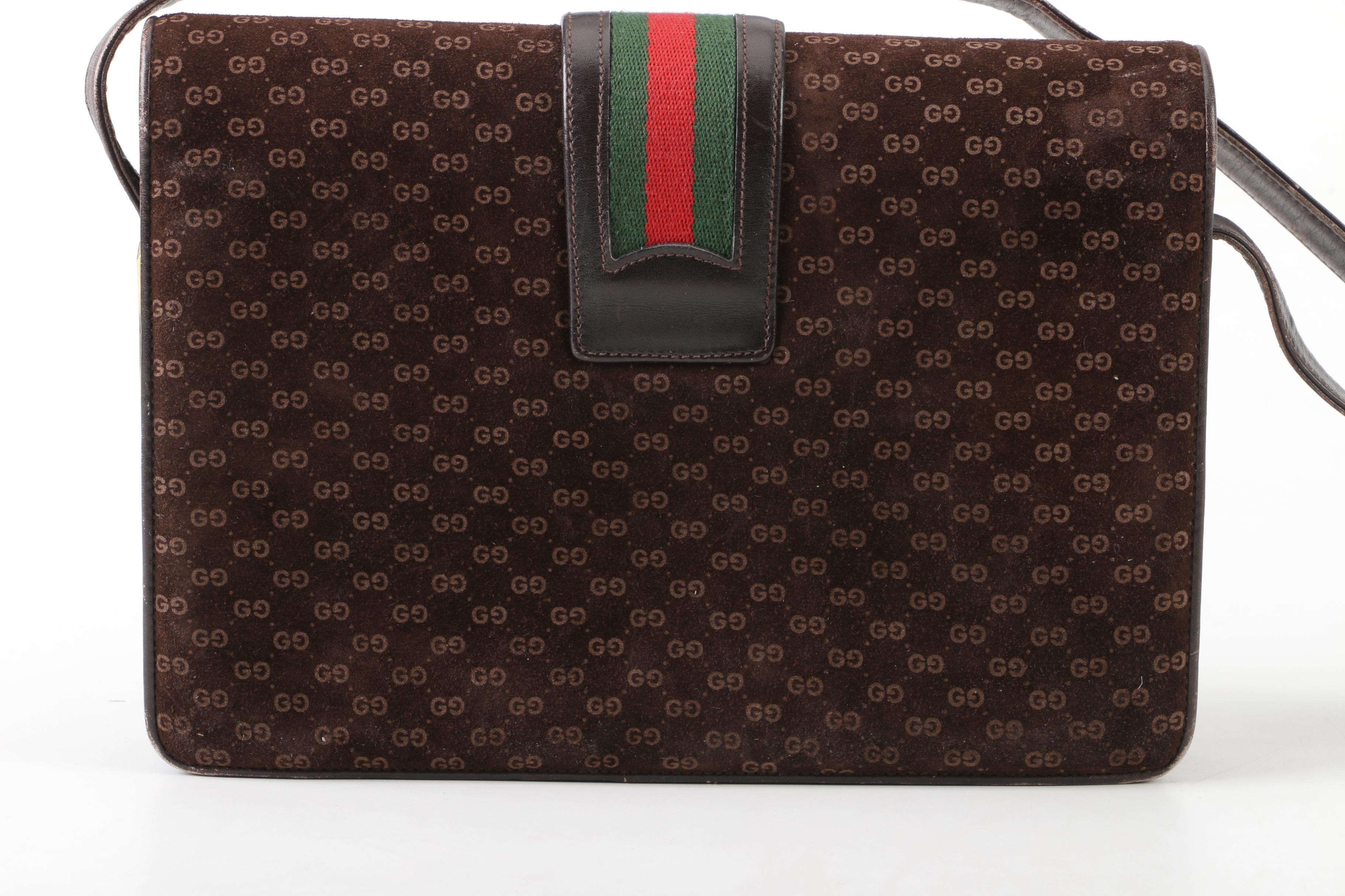 Gucci GG Brown Suede Shoulder Bag with Web Stripe Accent, Vintage