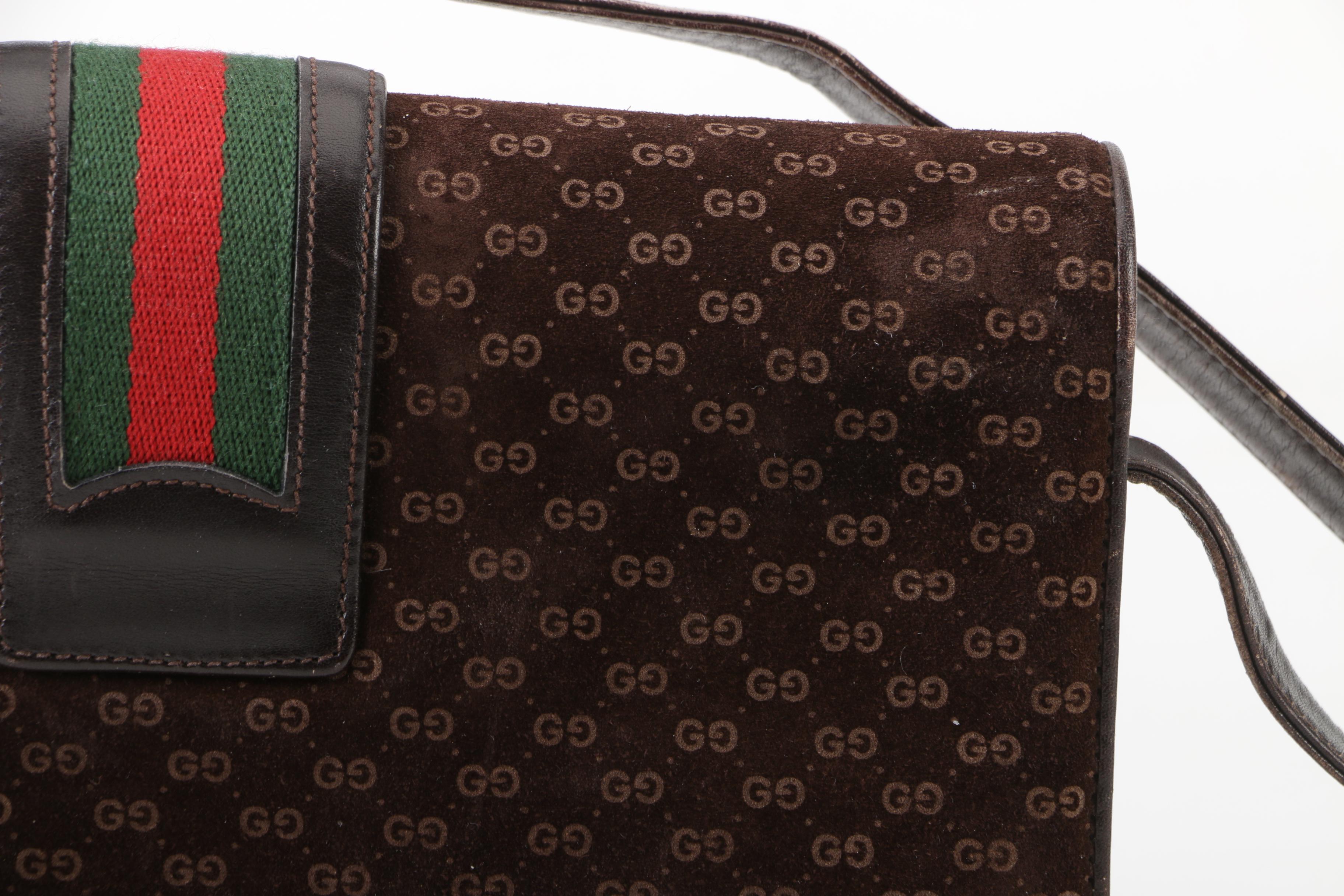 Gucci GG Brown Suede Shoulder Bag with Web Stripe Accent, Vintage