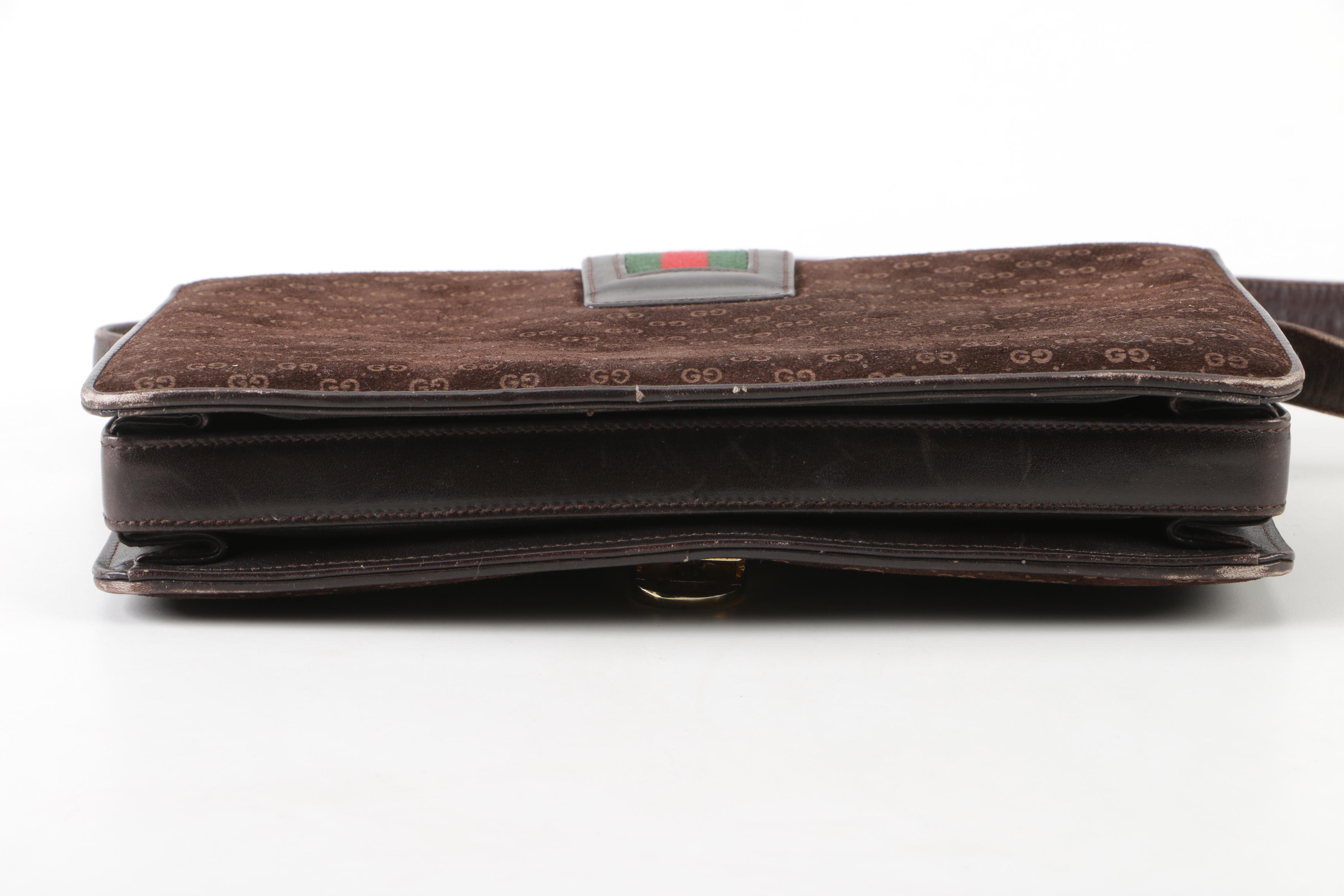 Gucci GG Brown Suede Shoulder Bag with Web Stripe Accent, Vintage